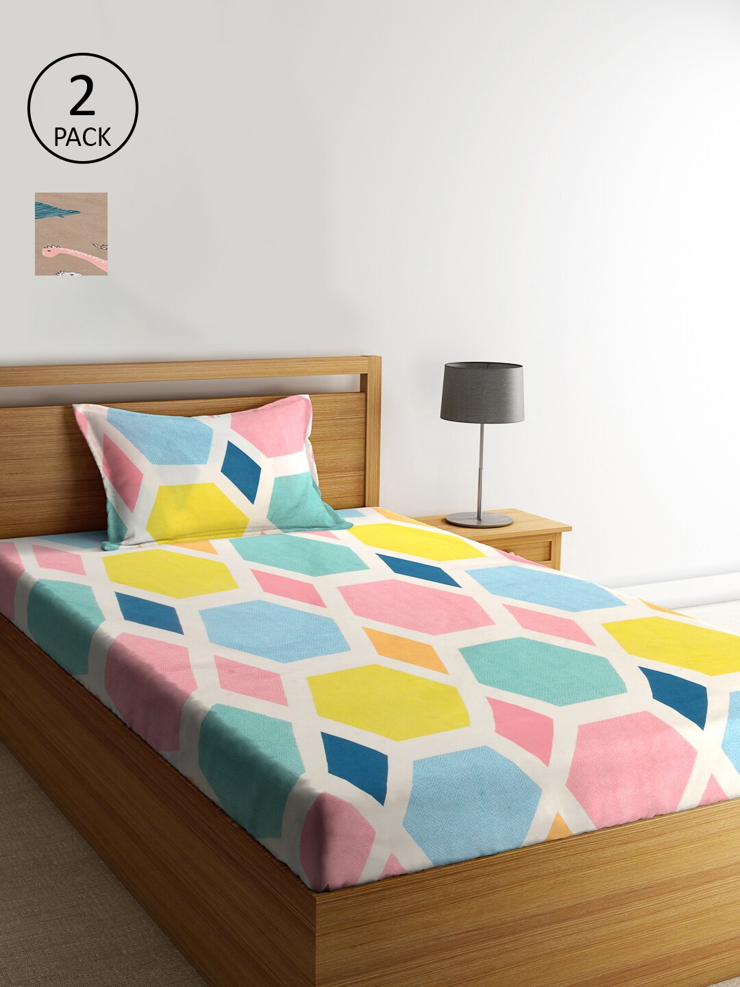 

KLOTTHE Set Of 2 Multicoloured Geometric 210 TC Single Bedsheet With 2 Pillow Covers, Multi