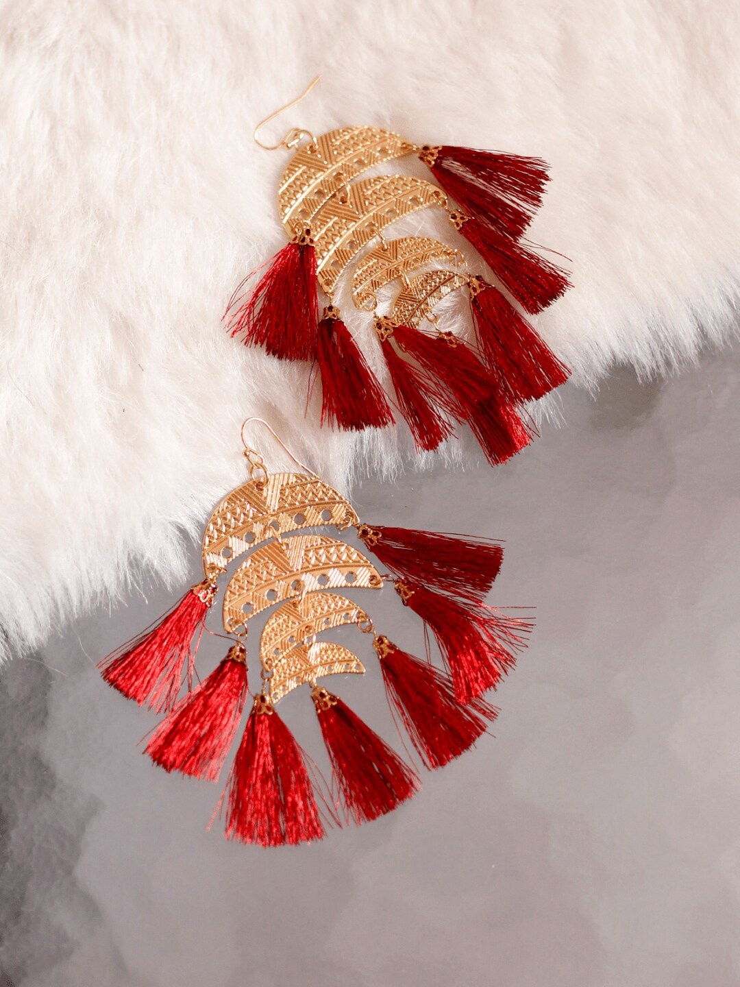 

Bellofox Gold-Toned & Red Contemporary Drop Earrings with Tassels