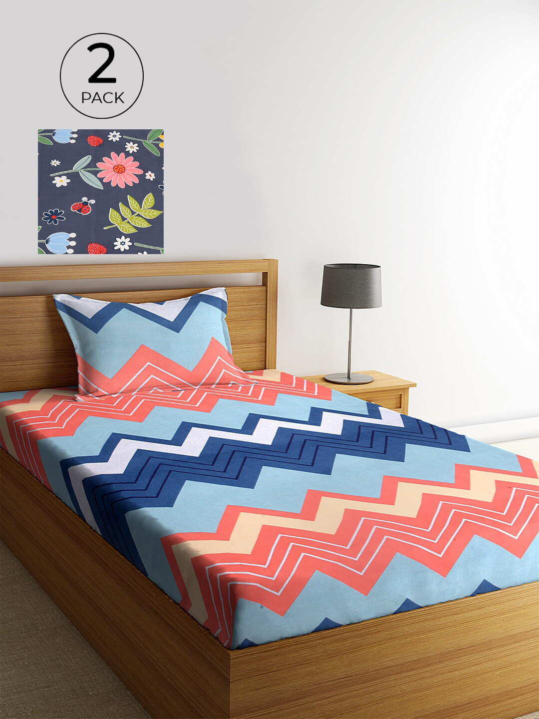 

KLOTTHE Set of 2 Blue & Navy Blue Geometric 210 TC Single Bedsheets with 2 Pillow Covers