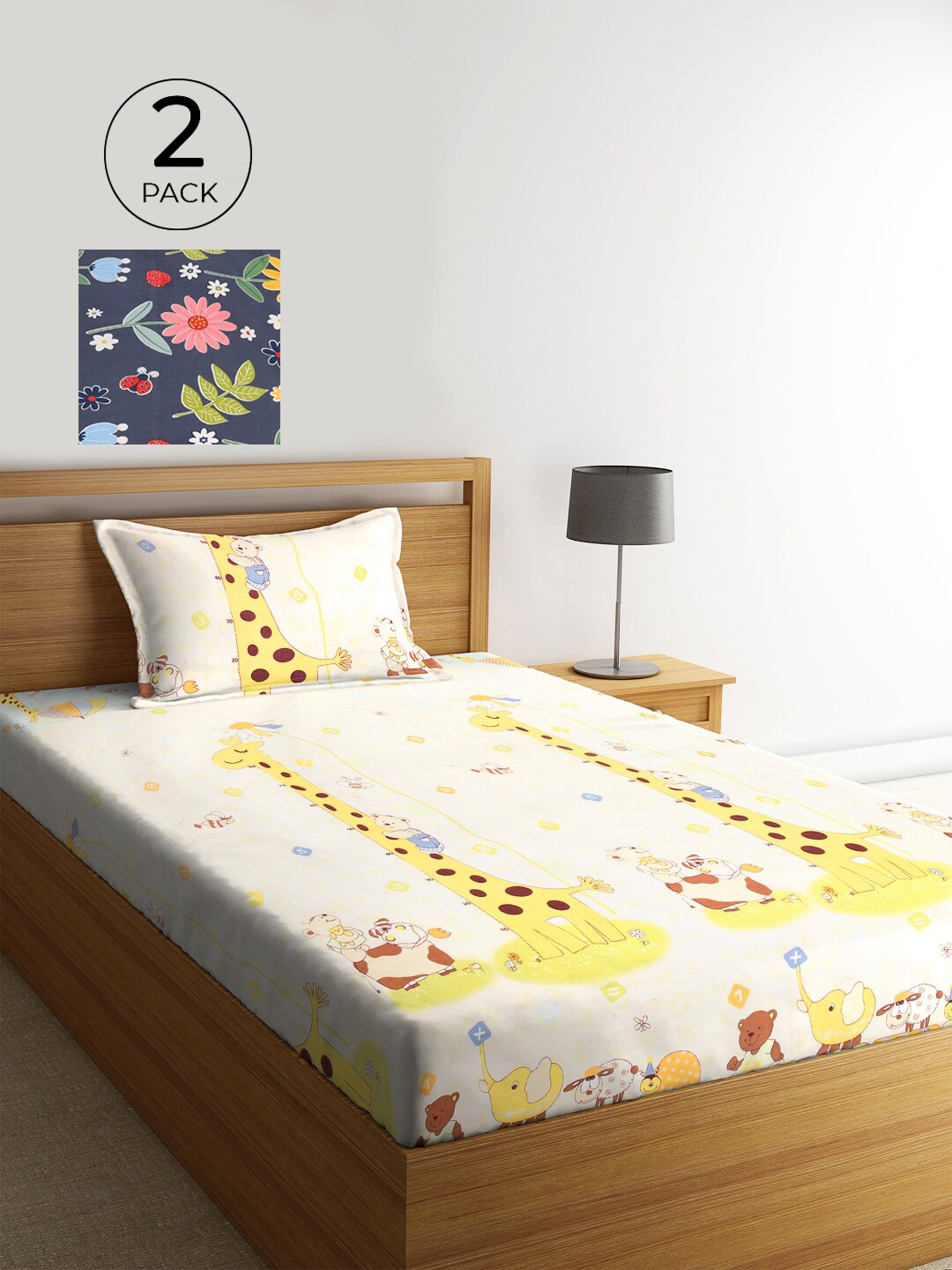 

KLOTTHE Unisex Set of 2 Printed Single Bedsheet with 2 Pillow Covers, White