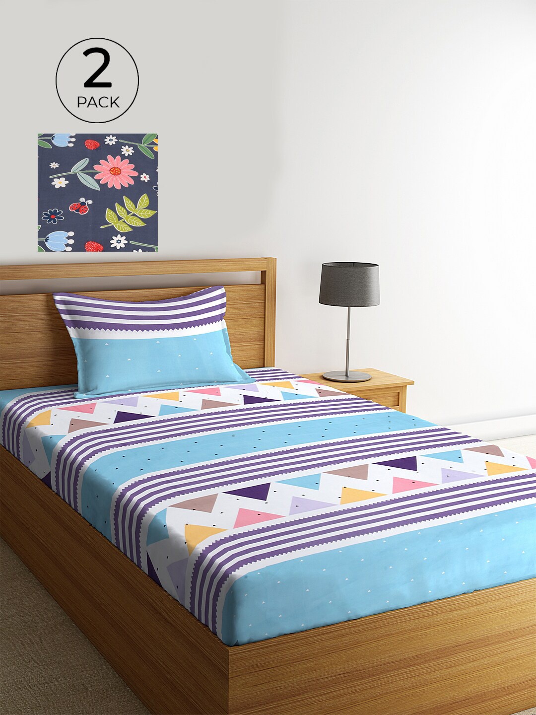 

KLOTTHE Set of 2 Blue & Navy Blue Geometric 210 TC Single Bedsheets with 2 Pillow Covers