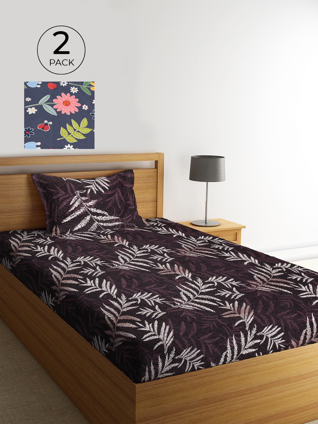 

KLOTTHE Set Of 2 Blue & Pink Floral 210 TC Single Bedsheet with 2 Pillow Covers