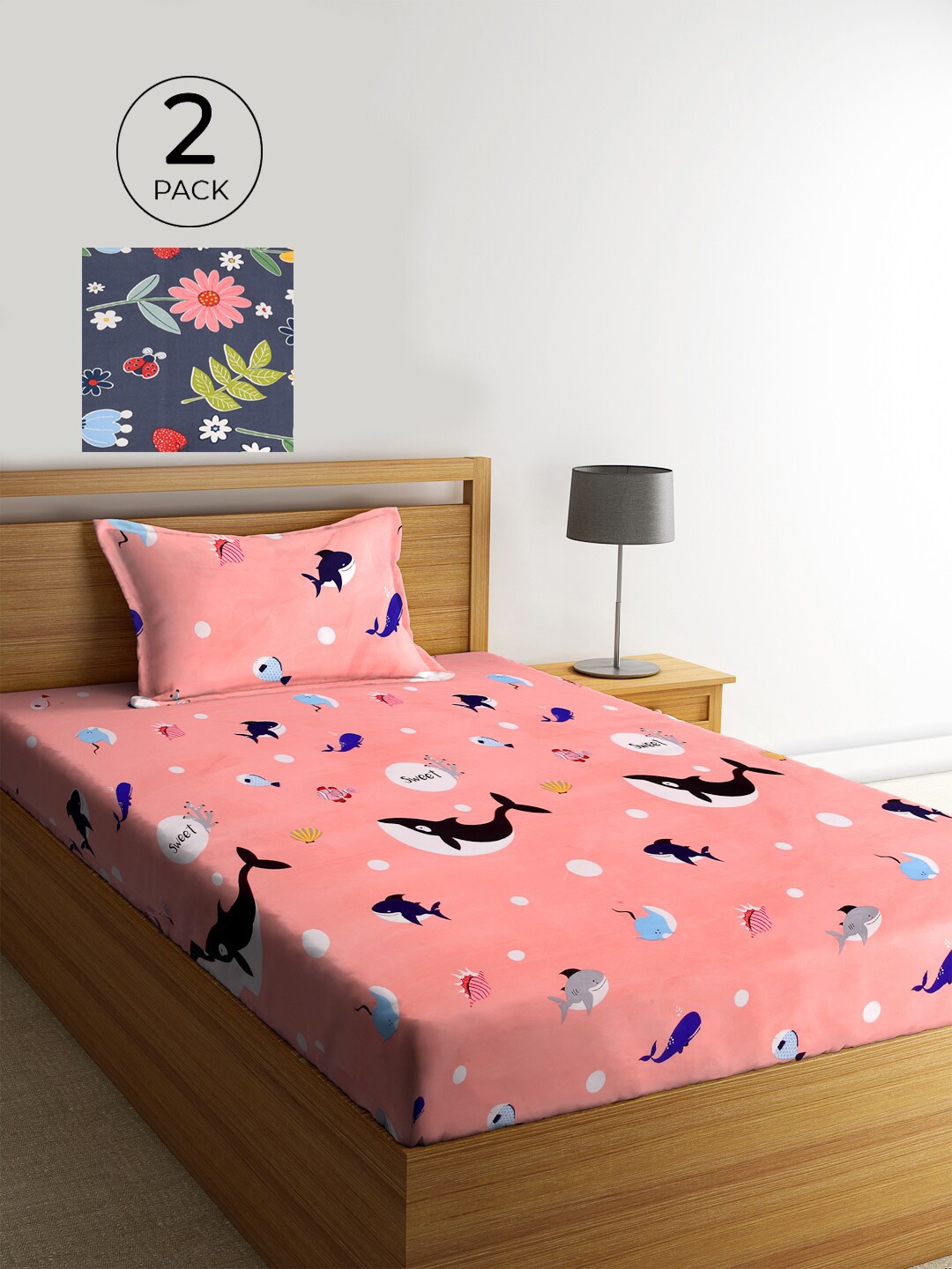 

KLOTTHE Unisex Set of 2 Printed Single Bedsheet with 2 Pillow Covers, Blue