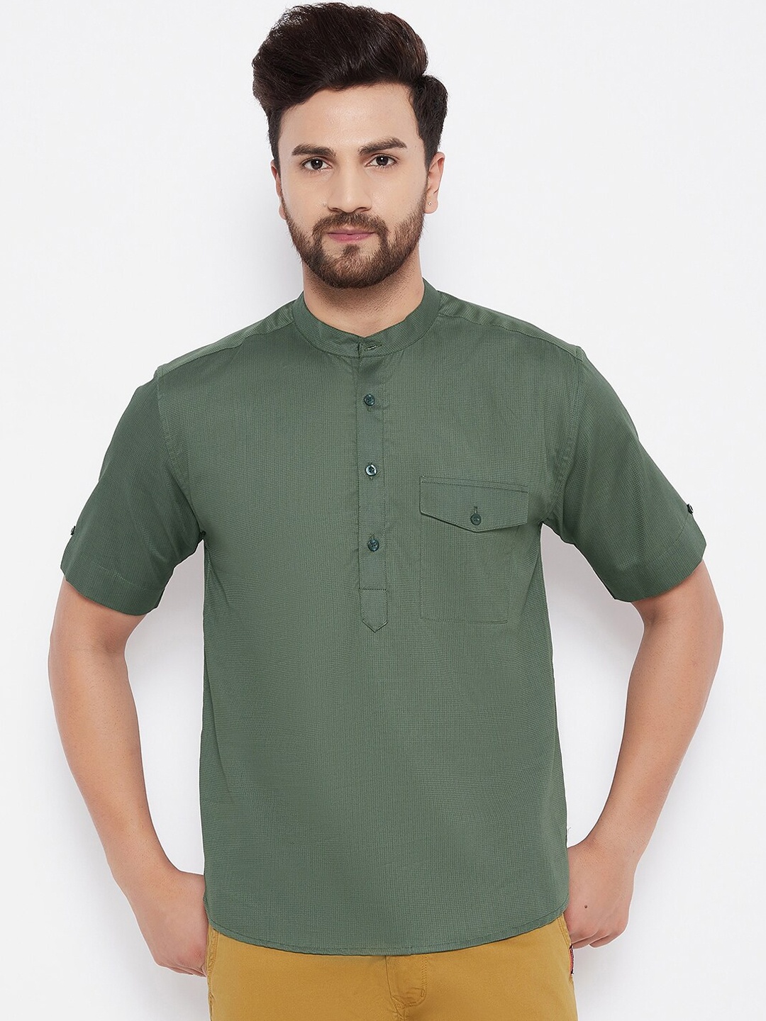 

even Men Green Thread Work Dobby Kurta