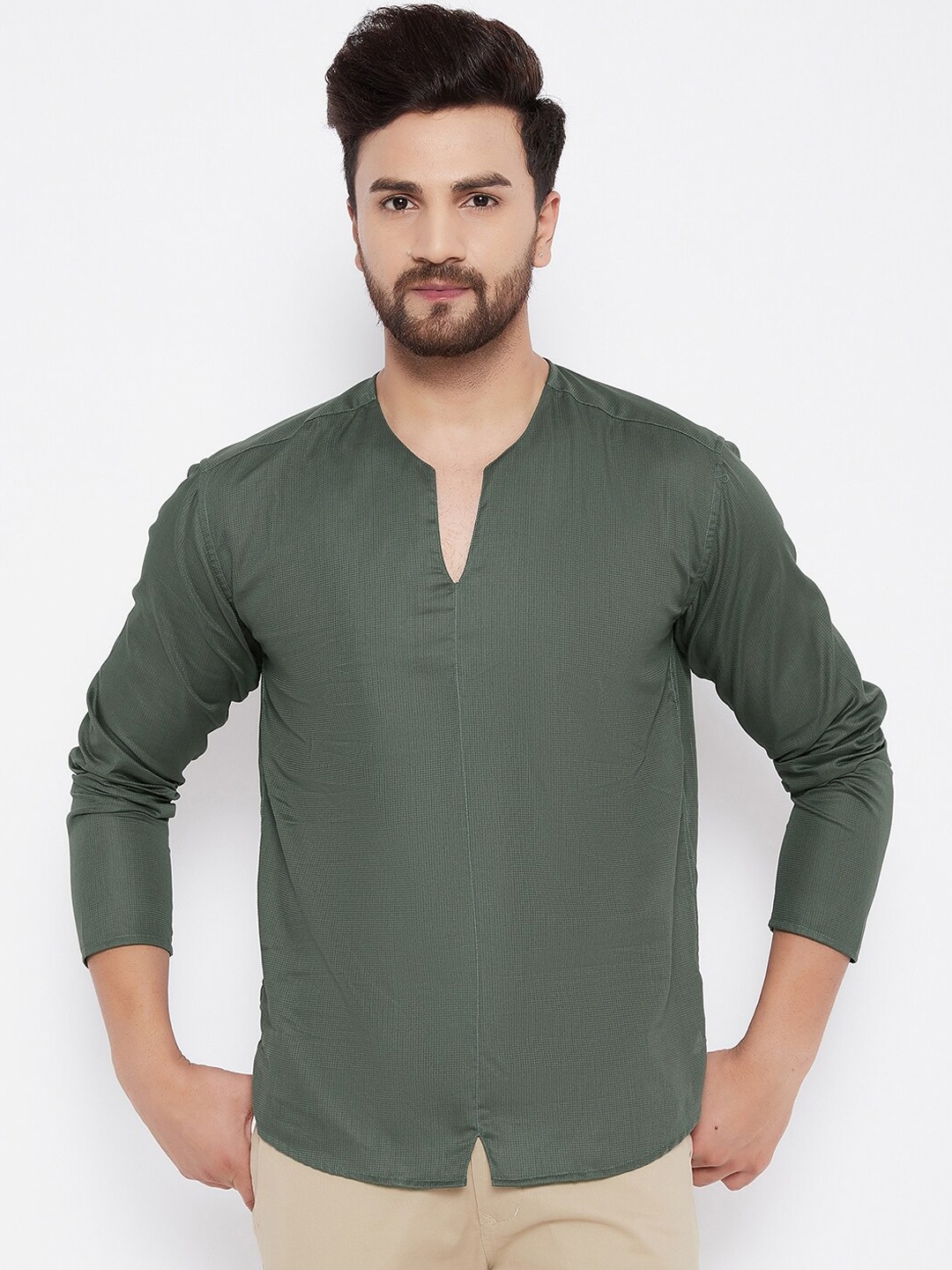 

even Men Green Thread Work Dobby Kurta