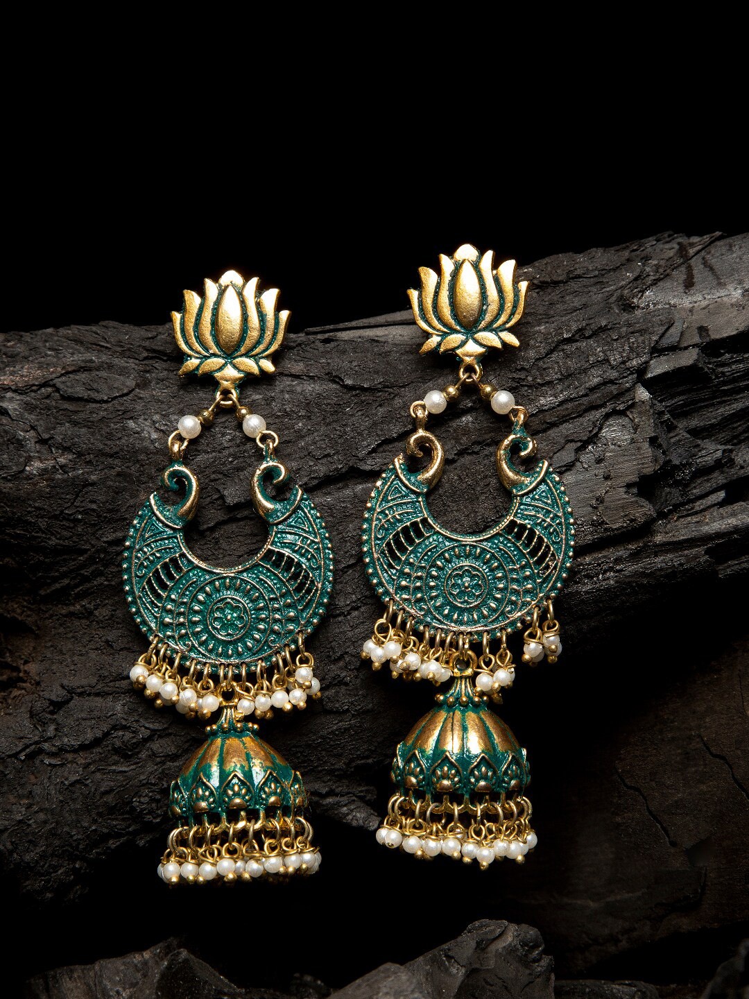 

DIVA WALK Gold-Plated Green & White Handcrafted Crescent Shaped Jhumkas