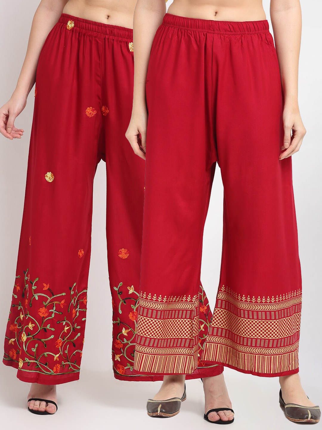 

TAG 7 Women Pack of 2 Maroon & Gold-Toned Embroidered Flared Palazzos