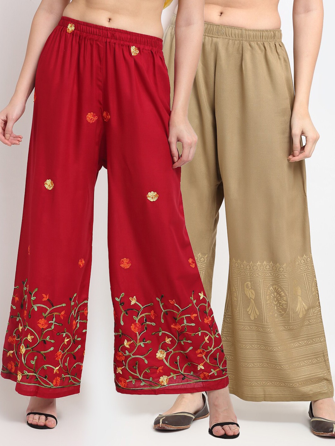 

TAG 7 Women Set of 2 Maroon & Tan Ethnic Motifs Printed Palazzos