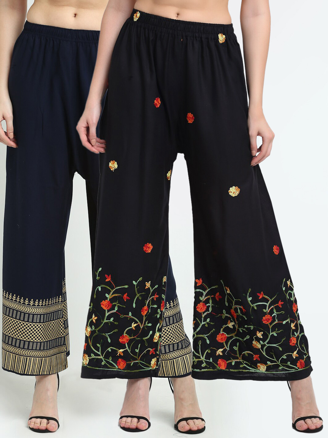 

TAG 7 Women Pack Of 2 Black & Navy Blue Ethnic Motifs Printed Wide Leg Palazzos