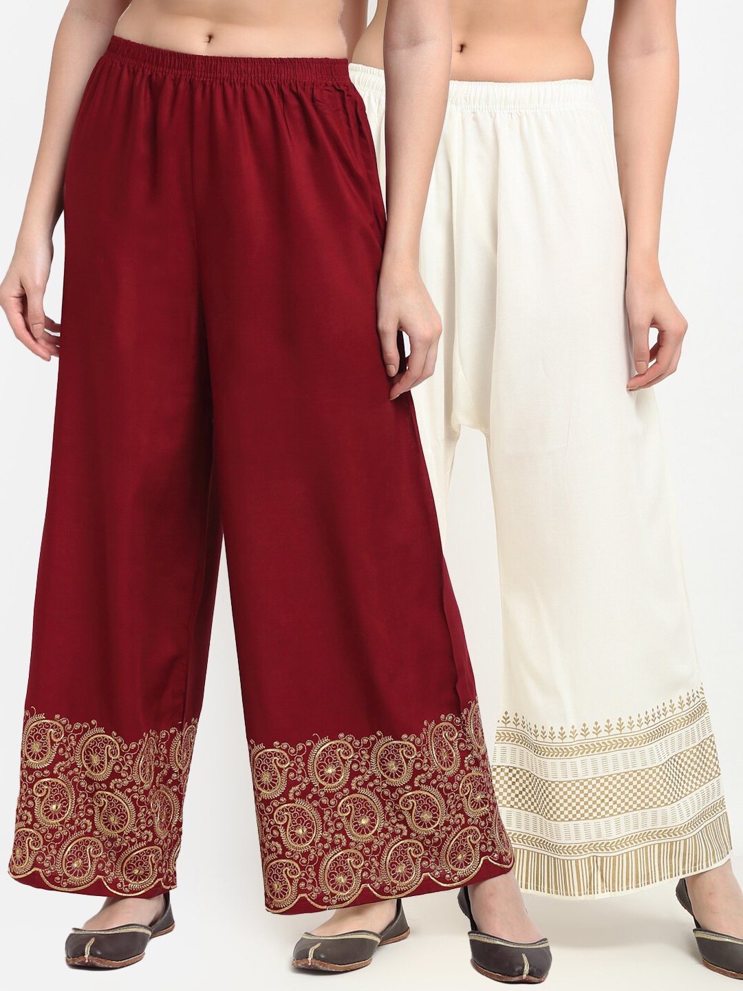 

TAG 7 Women Maroon & White Pack of 2 Ethnic Motifs Embroidered Palazzos