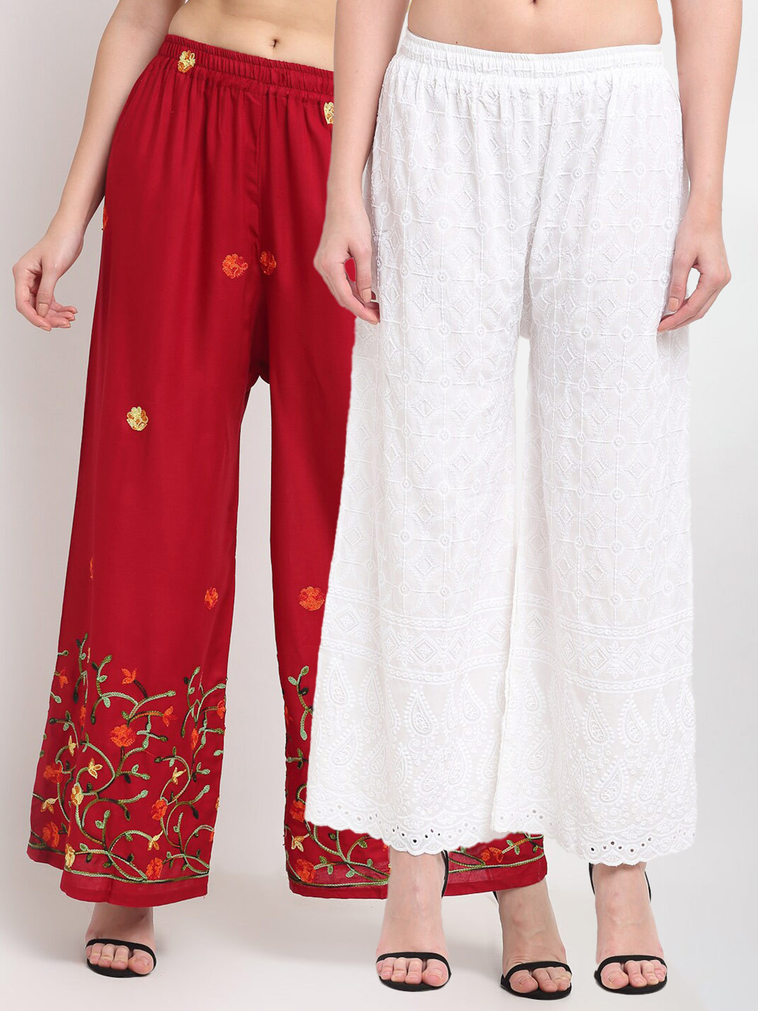 

TAG 7 Women Pack of 2 Maroon & White Embroidered Flared Palazzos