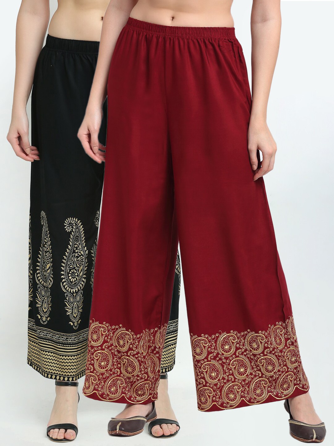 

TAG 7 Women Pack Of 2 Black & Maroon Ethnic Motifs Printed Wide Leg Palazzos