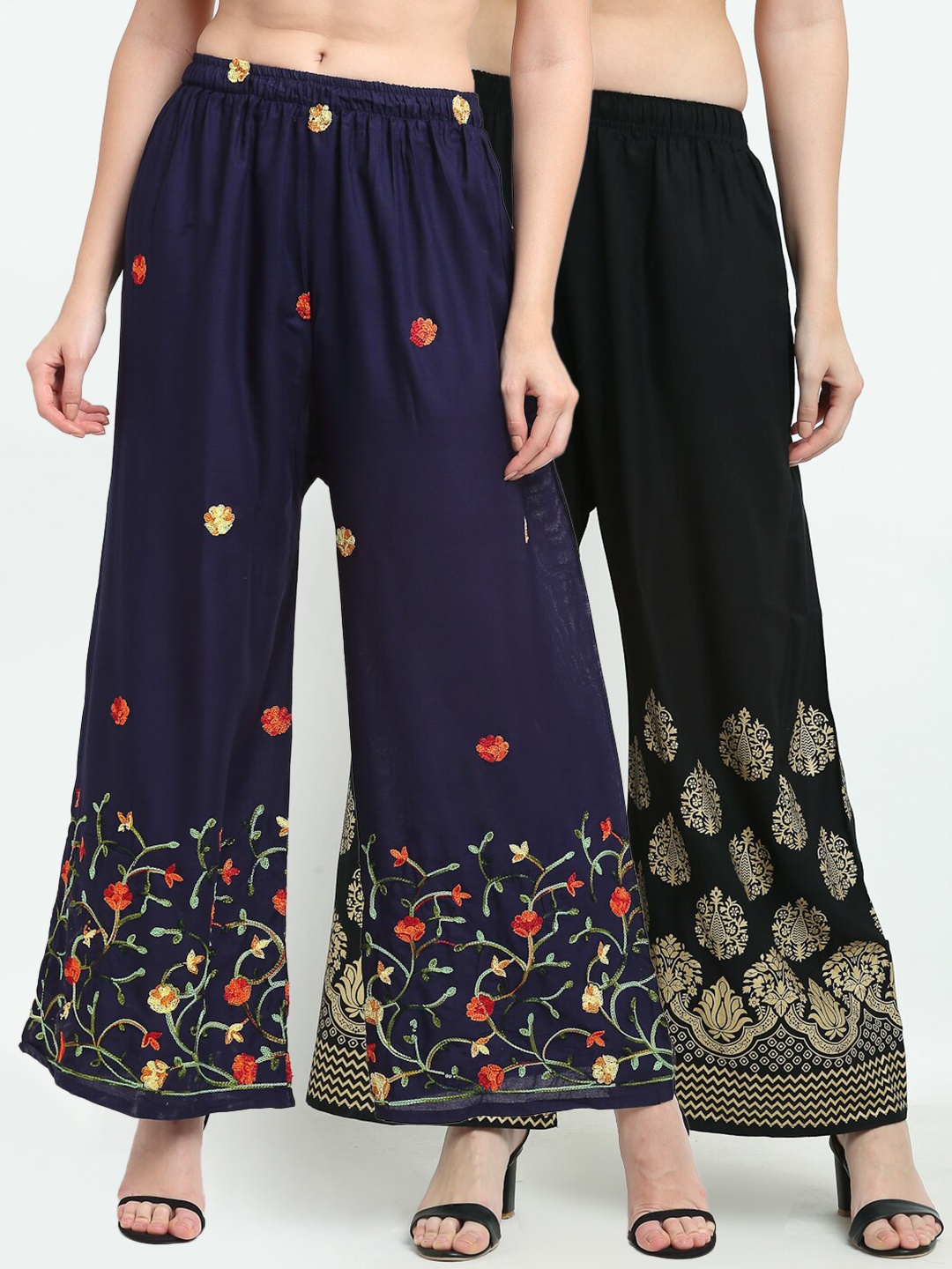 

TAG 7 Women Navy Blue & Black 2 Ethnic Motifs Printed Palazzos