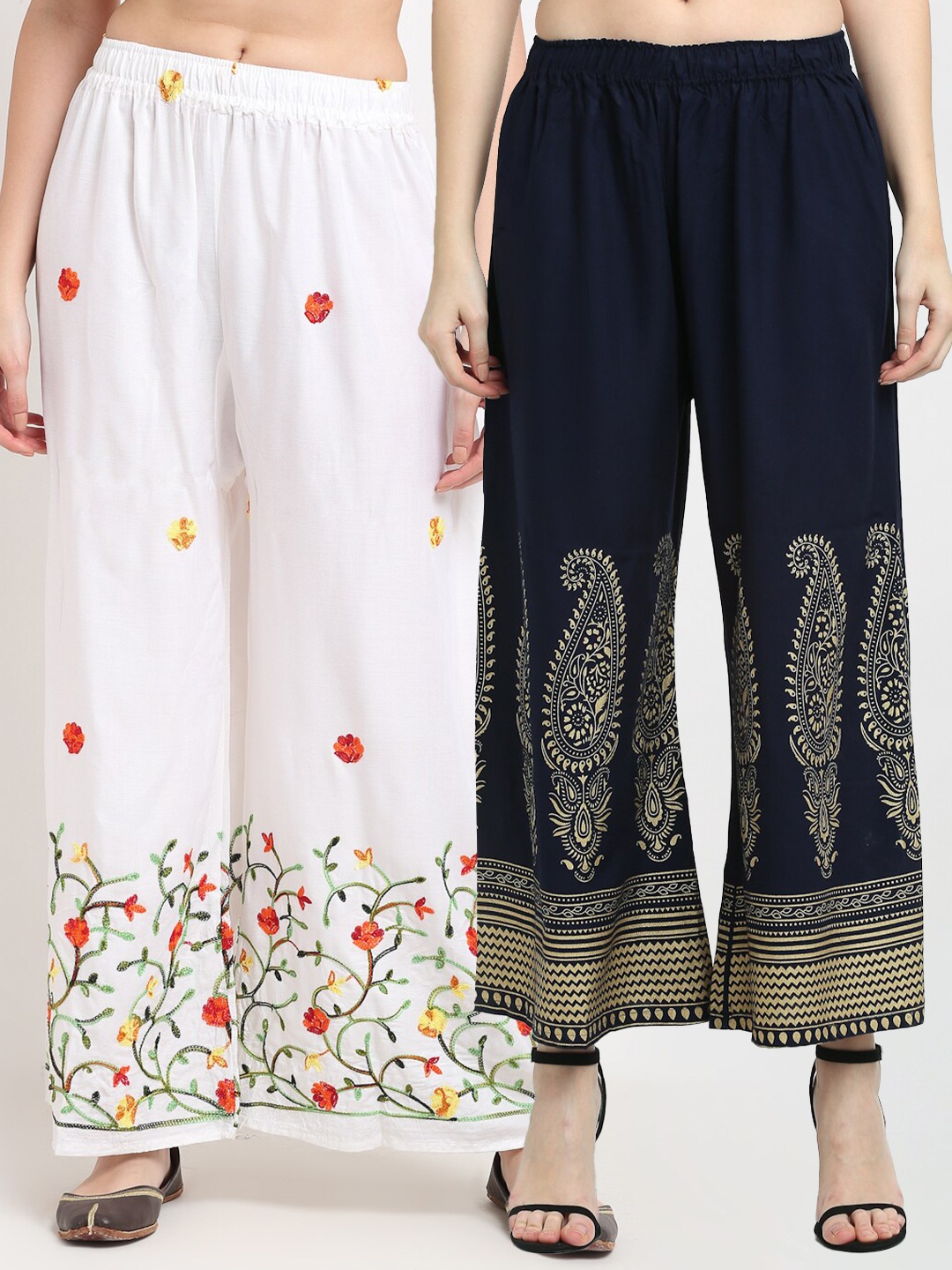 

TAG 7 Women White & Navy Blue Pack of 2 Floral Embroidered Flared Ethnic Palazzos