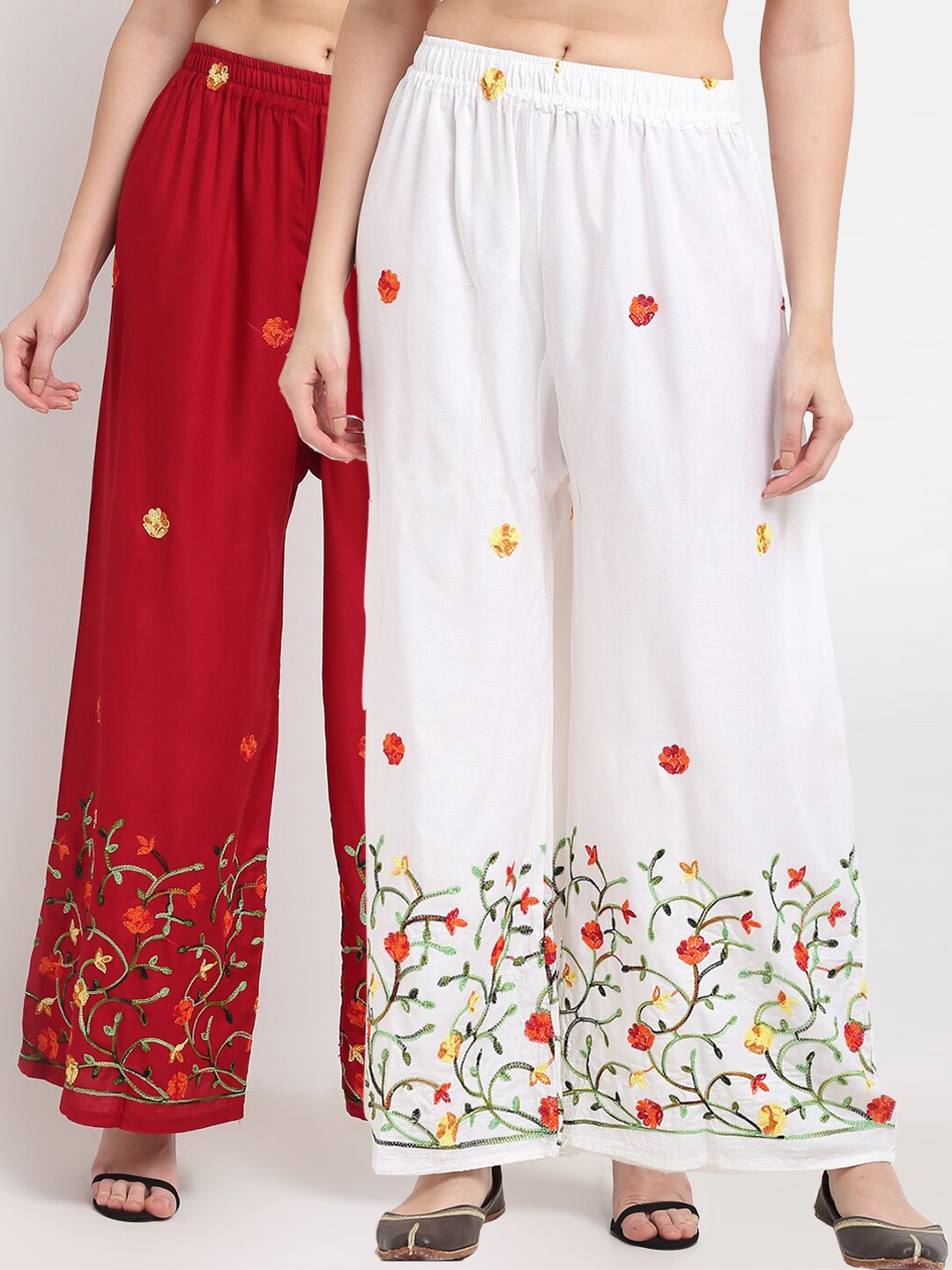 

TAG 7 Women Pack Of 2 White & Maroon Floral Printed Wide Leg Palazzos