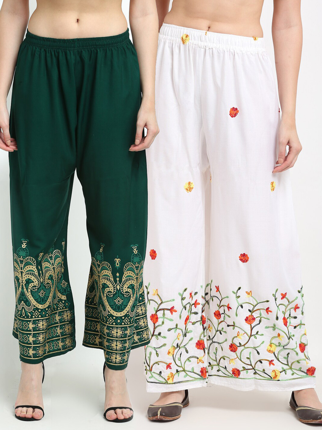 

TAG 7 Women White & Green 2 Ethnic Motifs Pack of 2 Flared Palazzos