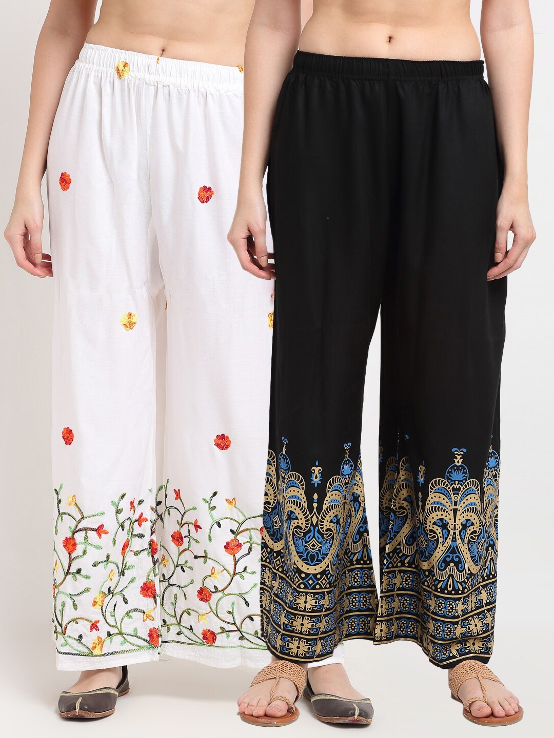 

TAG 7 Women Pack of 2 White & Black Embroidered Wide Leg Palazzos