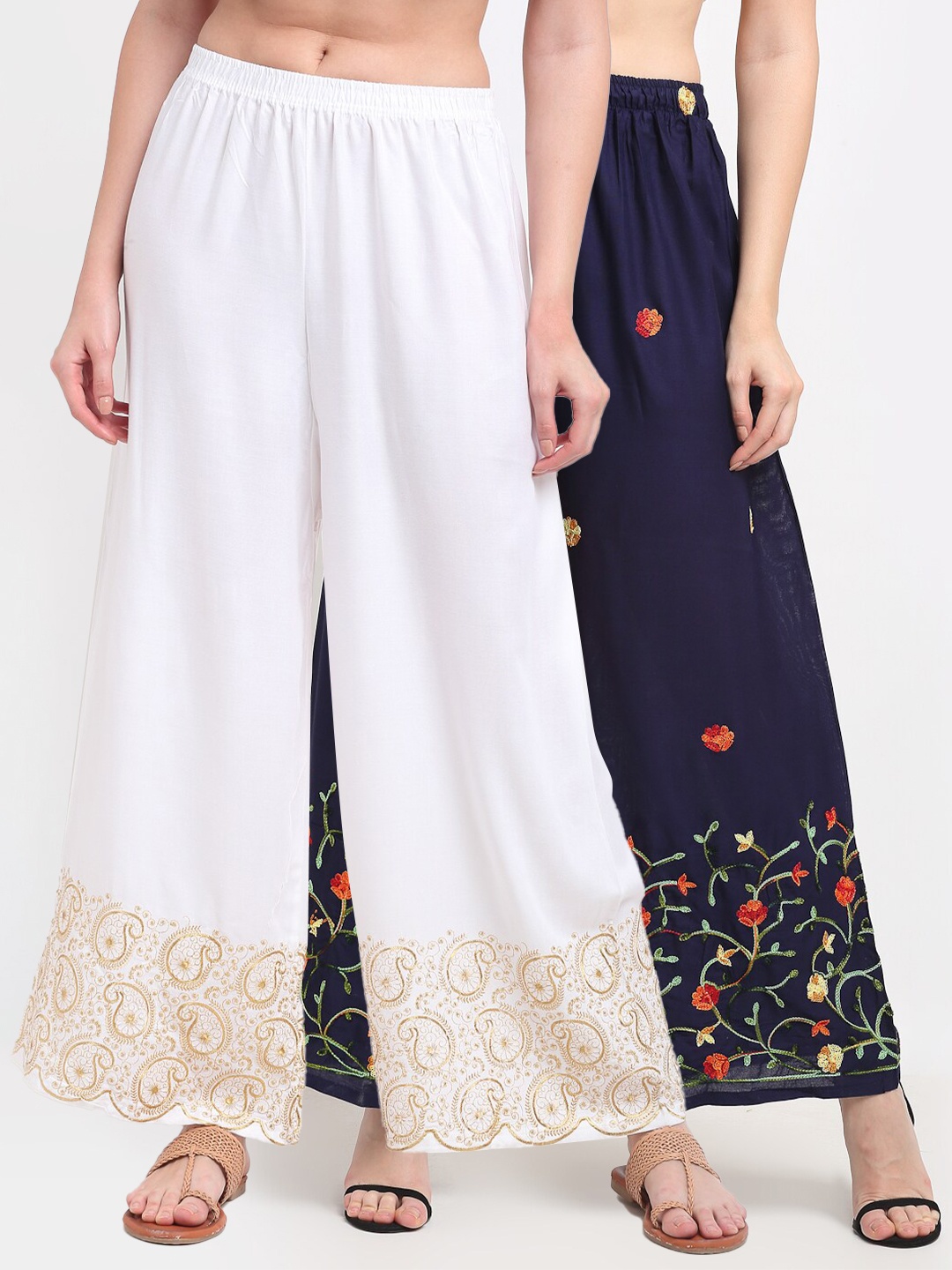 

TAG 7 Women Pack of 2Navy Blue & White Embroidered Wide Leg Palazzos, Navy blue