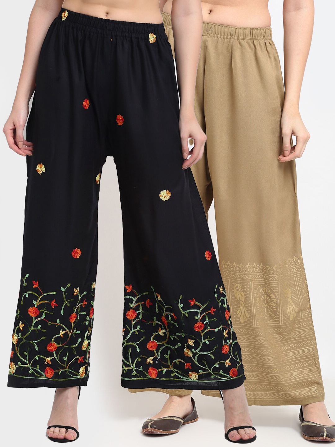 

TAG 7 Women Pack Of 2 Floral Printed Flared Ethnic Palazzos, Black