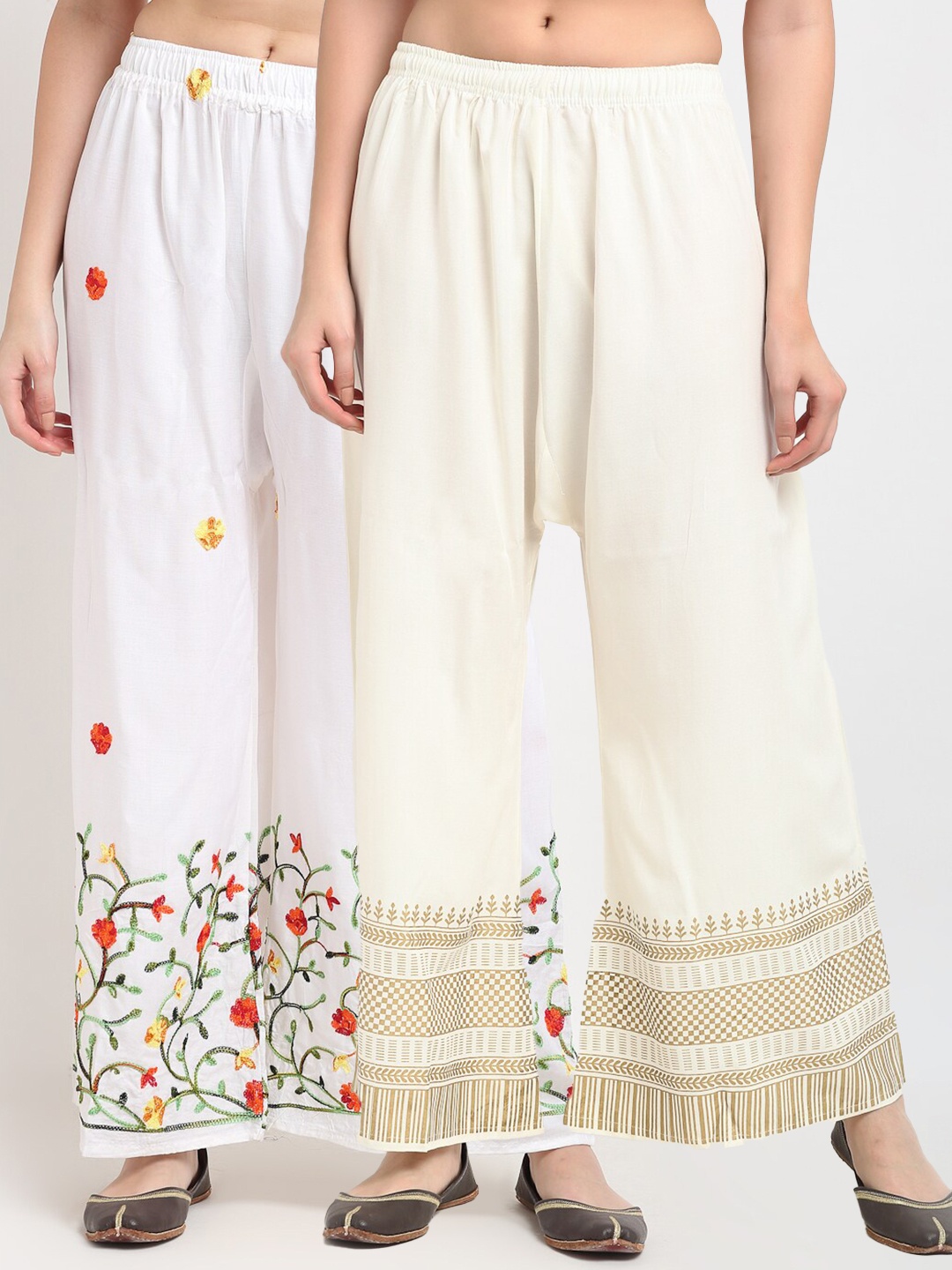 

TAG 7 Women Pack Of 2 White & Cream Ethnic Motifs Printed Wide Leg Palazzos