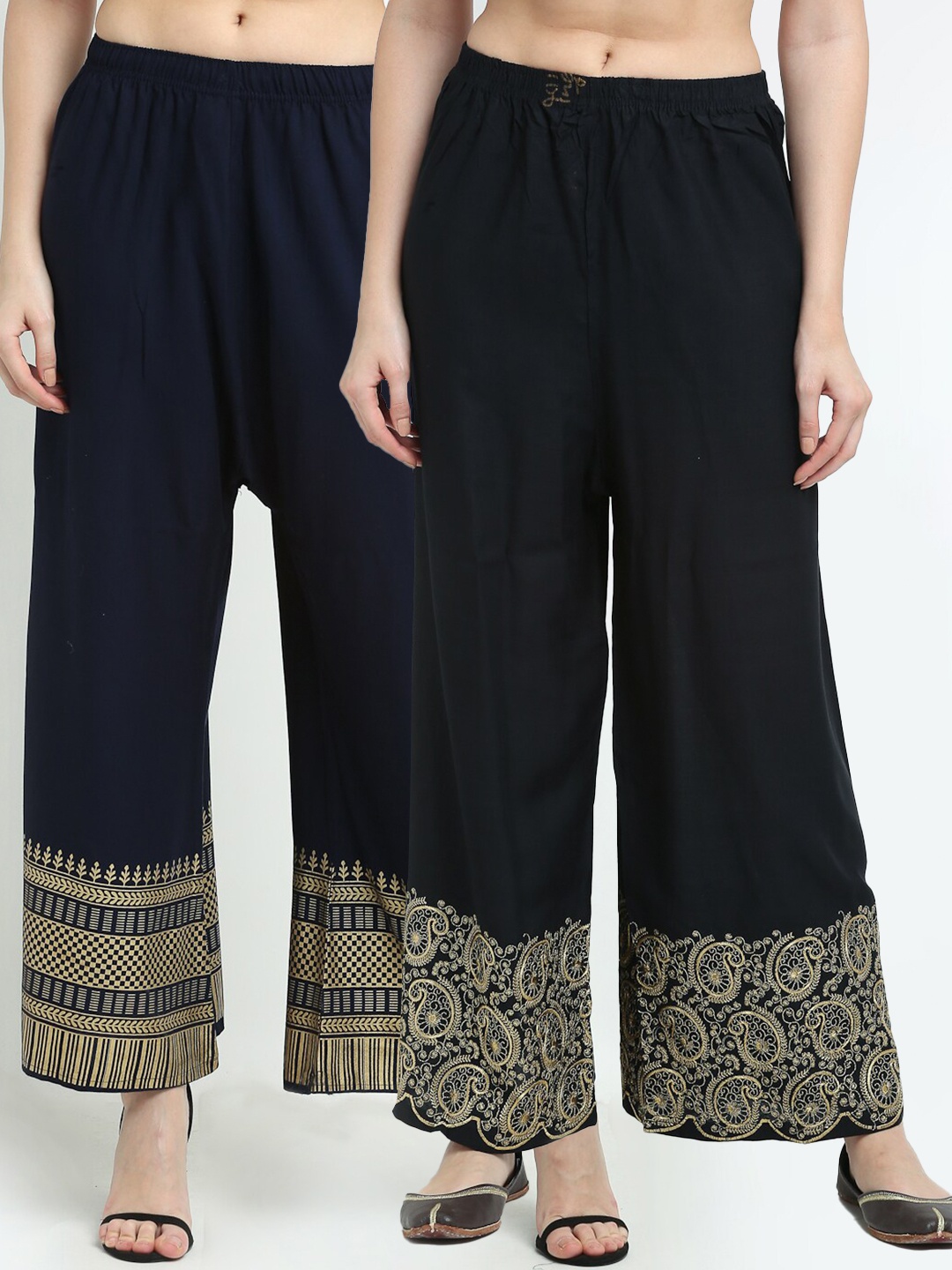 

TAG 7 Women Black & Navy Blue Pack of 2 Ethnic Motifs Embroidered Flared Palazzos
