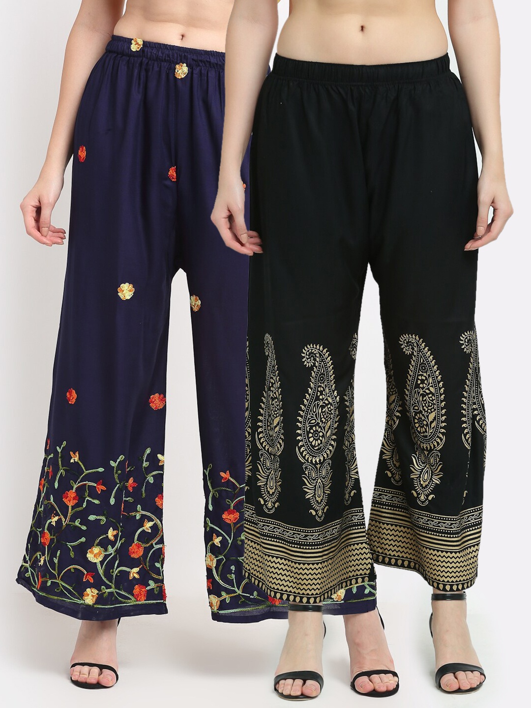 

TAG 7 Women Pack Of 2 Floral Embroidered Flared Ethnic Palazzos, Navy blue