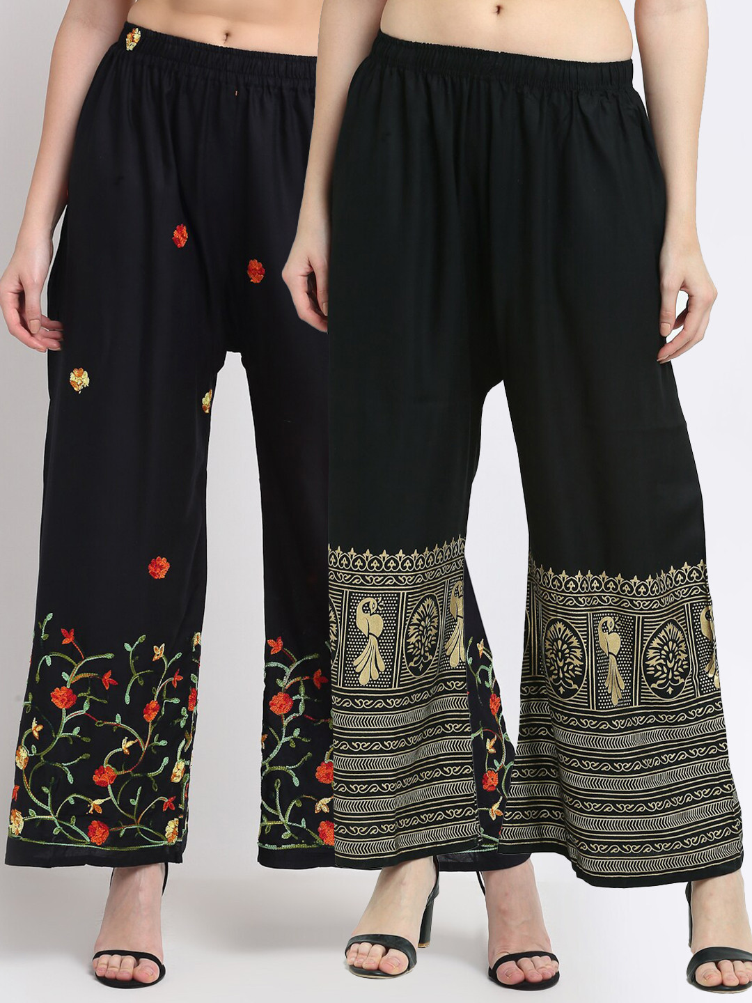 

TAG 7 Pack of 2 Women Black & Red Floral Embroidered Flared Palazzos