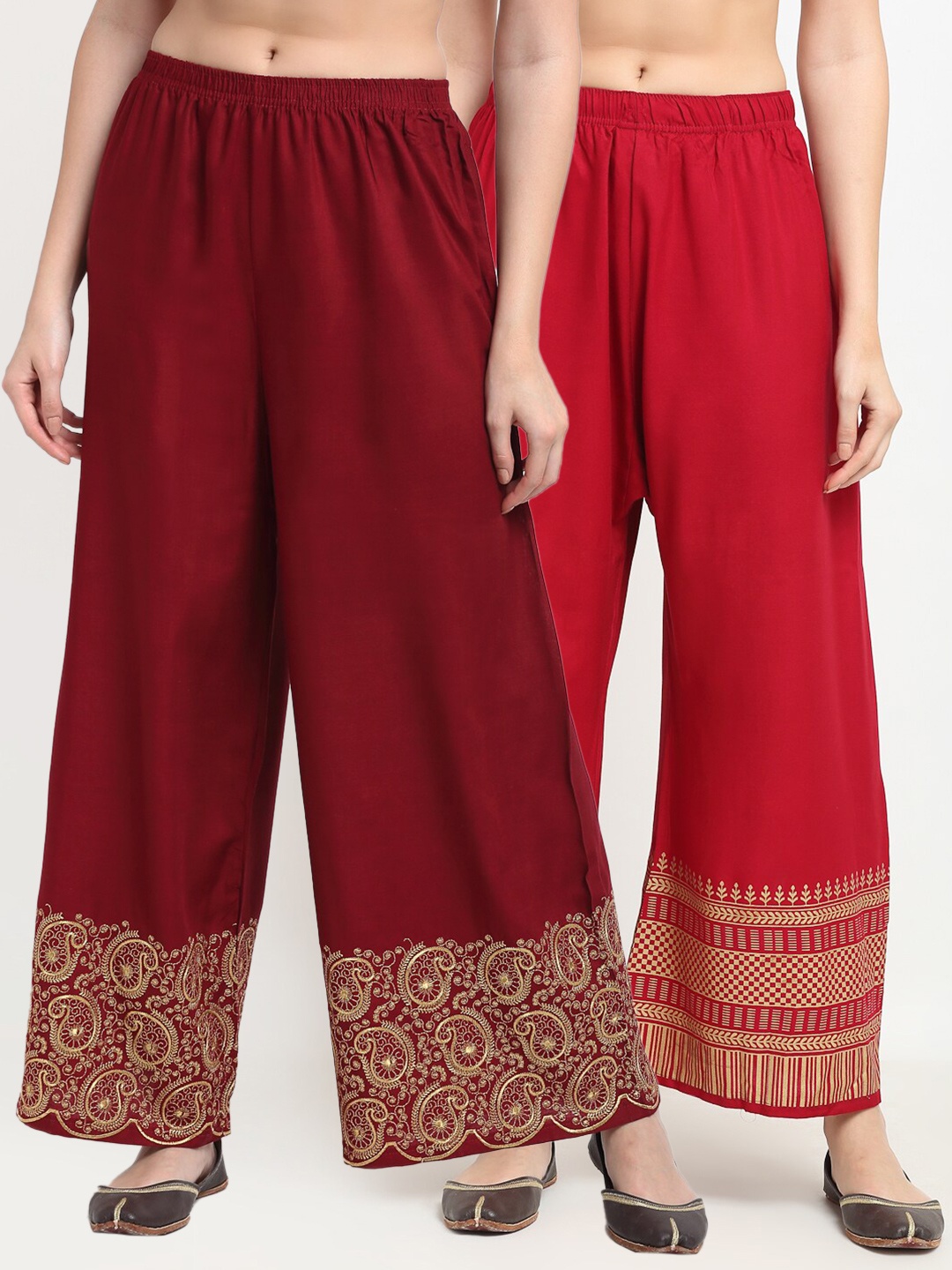 

TAG 7 Women Maroon & Red Pack of 2 Ethnic Motifs Embroidered Palazzos