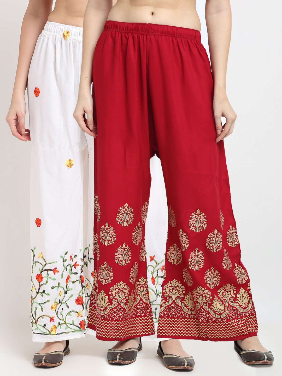

TAG 7 Women White & Maroon 2 Floral Embroidered Flared Ethnic Palazzos