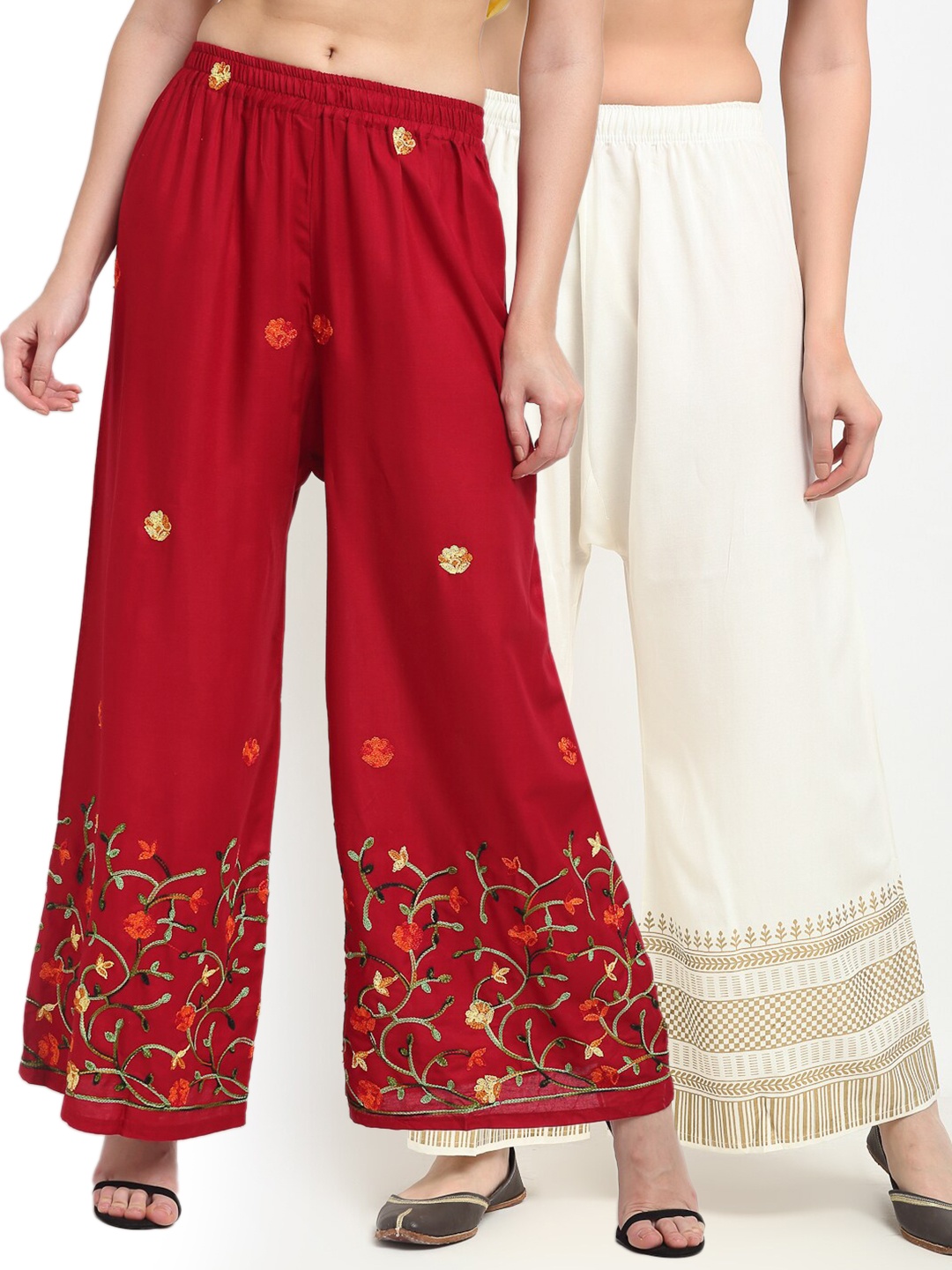 

TAG 7 Women Pack of 2 Maroon & White Embroidered Wide Leg Palazzos