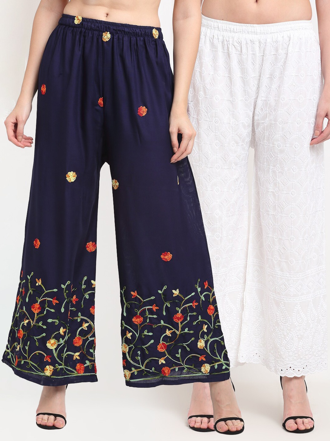 

TAG 7 Women Pack Of 2 Floral Embroidered Flared Ethnic Palazzos, Navy blue