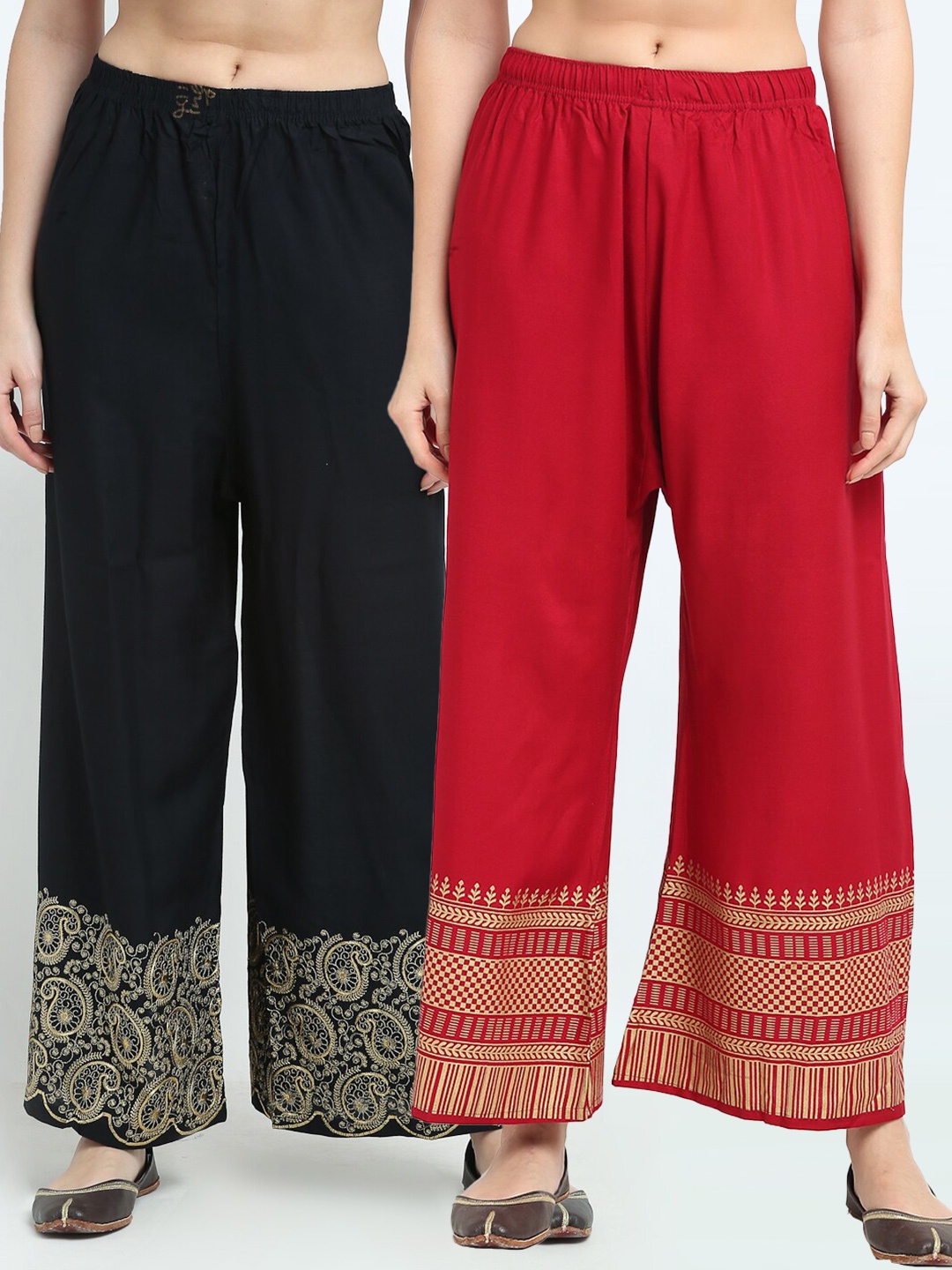 

TAG 7 Women Pack of 2 Black & Maroon Printed Wide Leg Palazzos
