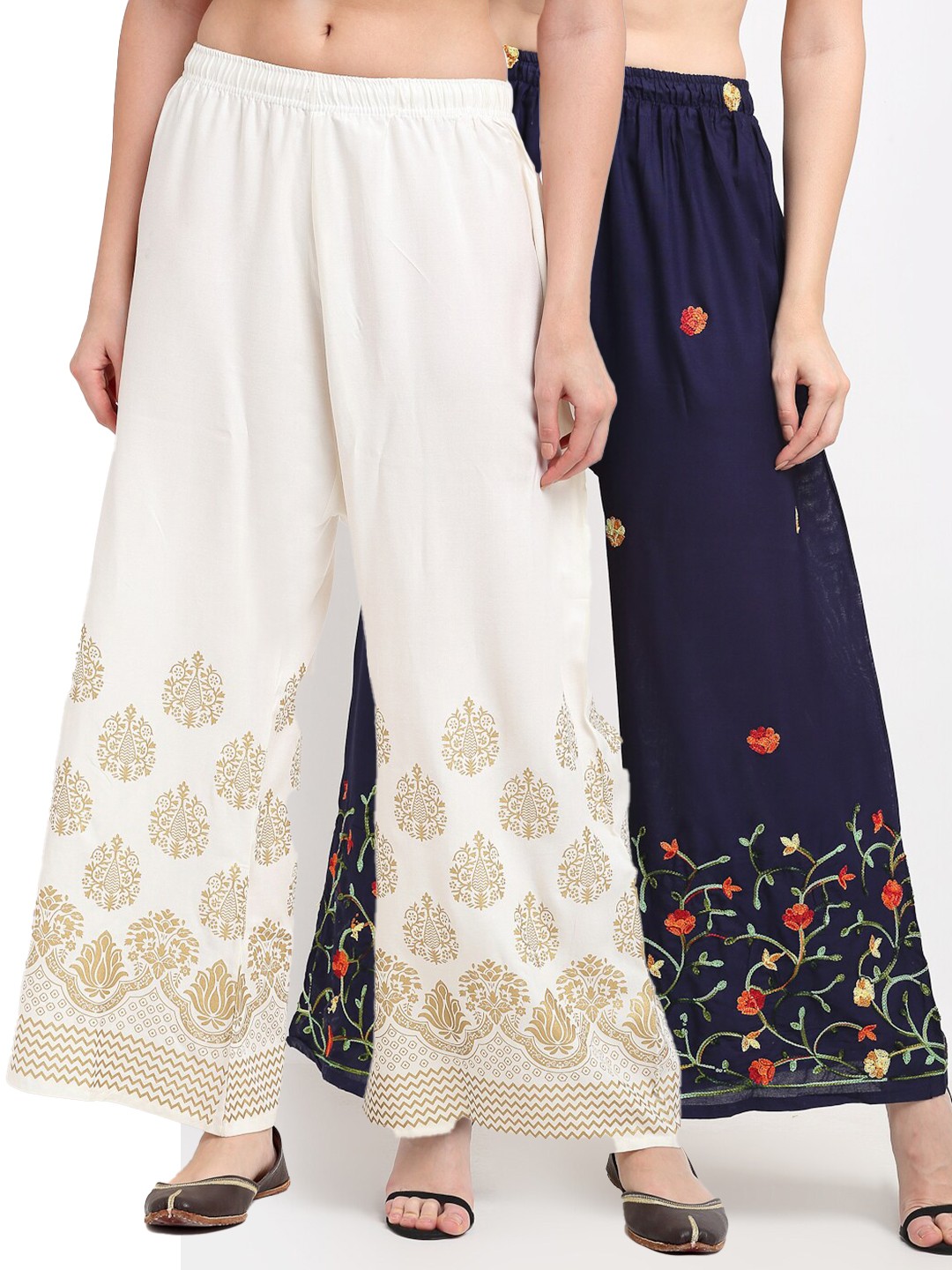

TAG 7 Women Navy Blue & White Pack of 2 Floral Embroidered Palazzos