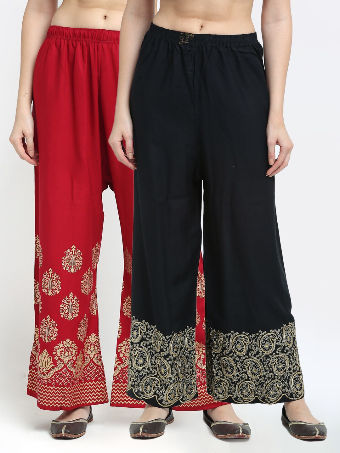 

TAG 7 Women Pack of 2 Black & Red Embroidered Flared Palazzos