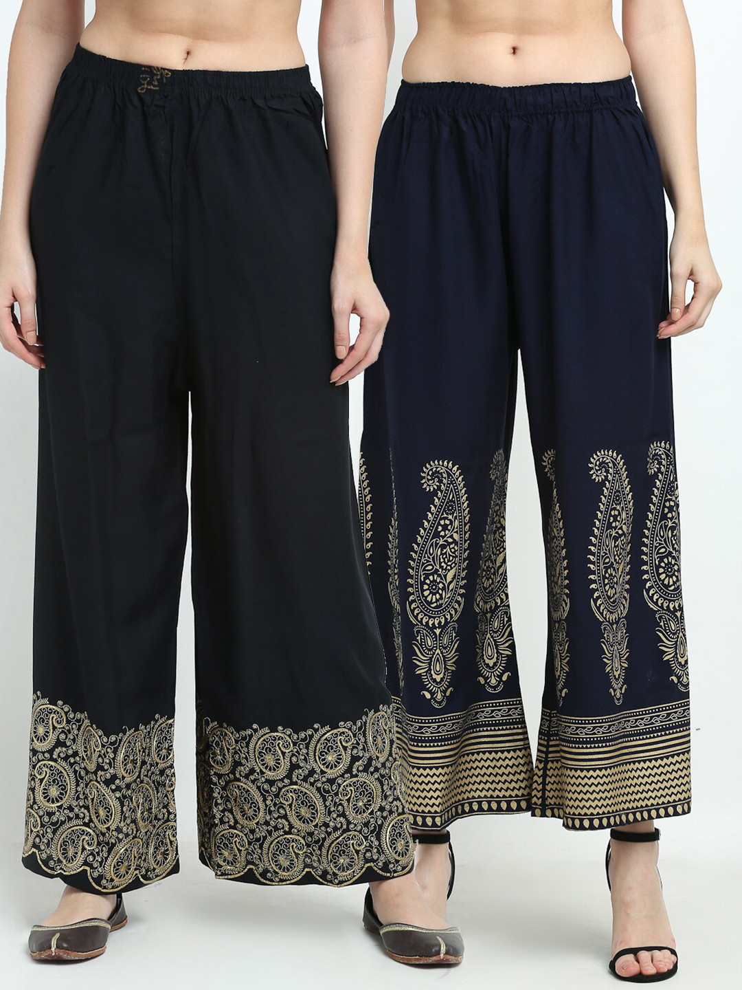 

TAG 7 Pack of 2 Women Black & Navy Blue Ethnic Motifs Printed Palazzos