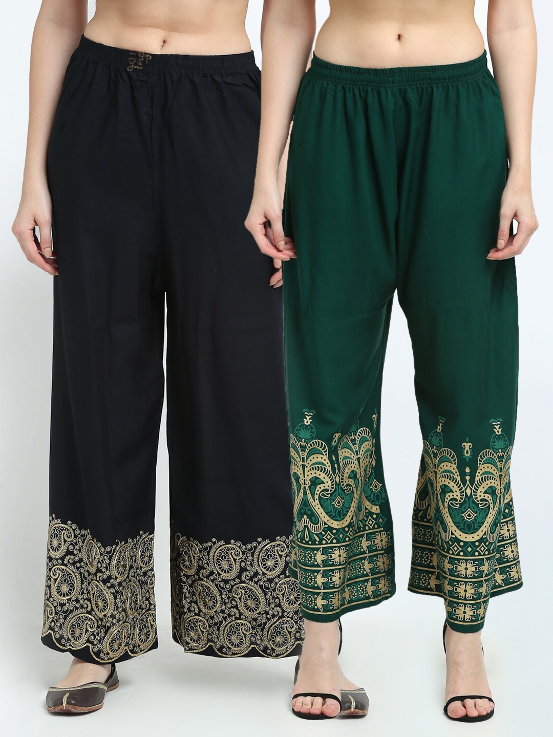 

TAG 7 Women Pack Of 2 Black & Green Ethnic Motifs Printed Wide Leg Palazzos