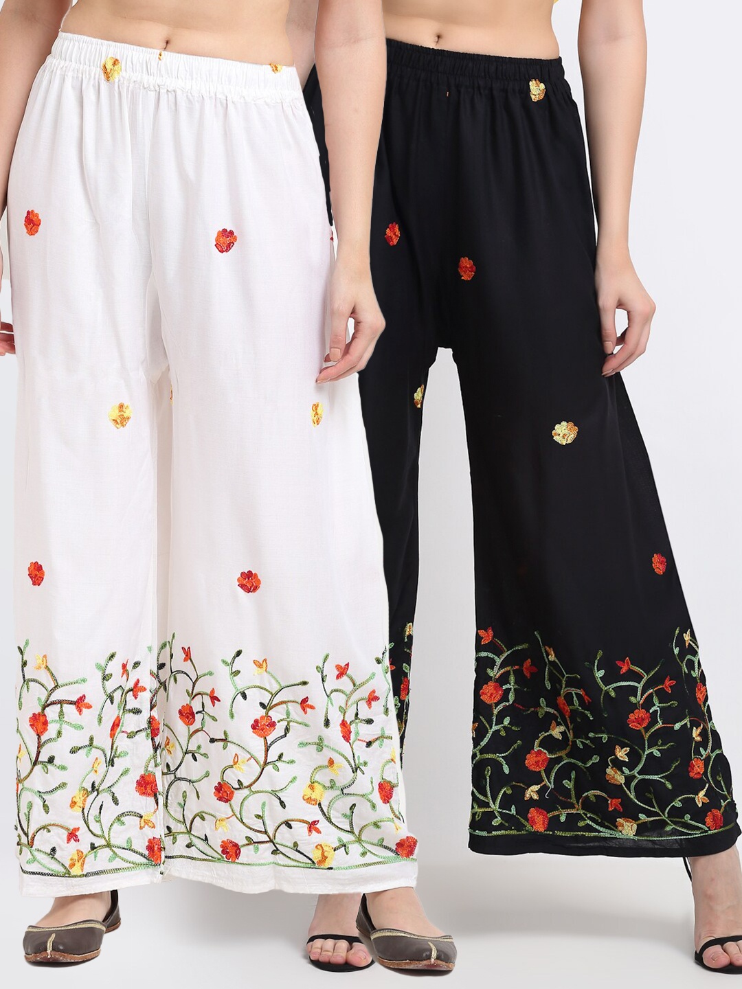 

TAG 7 Women Black & White Pack of 2 Floral Embroidered Palazzos