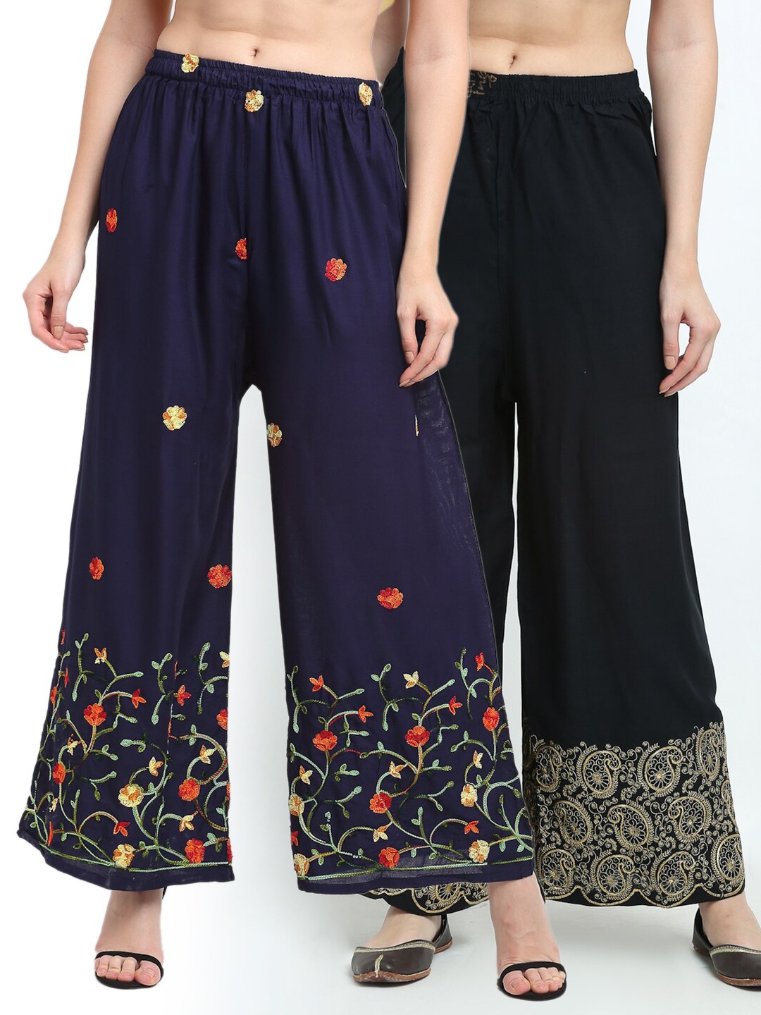 

TAG 7 Women Navy Blue & Black Pack of 2 Floral Embroidered Palazzos
