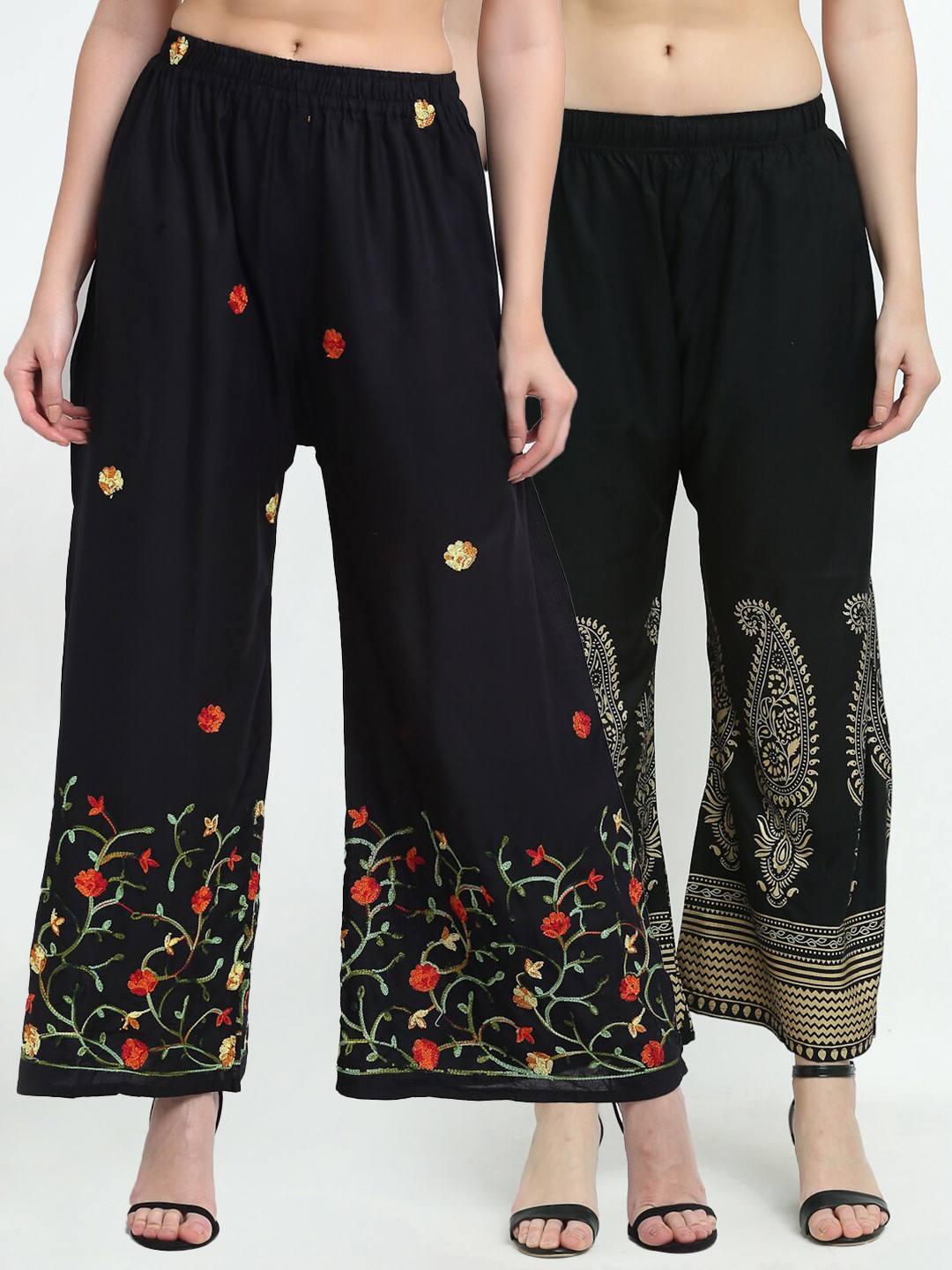 

TAG 7 Women Black & Red Pack of 2 Floral Embroidered Palazzos