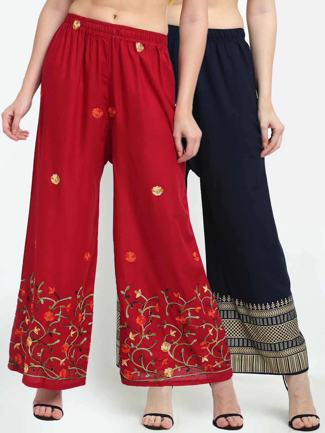 

TAG 7 Women Pack of 2 Maroon & Navy Blue Printed Flared Palazzos