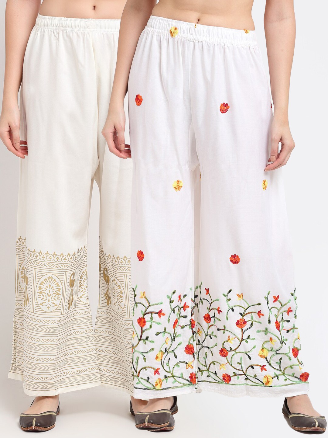 

TAG 7 Women Pack of 2 White & Green Embroidered Flared Palazzos