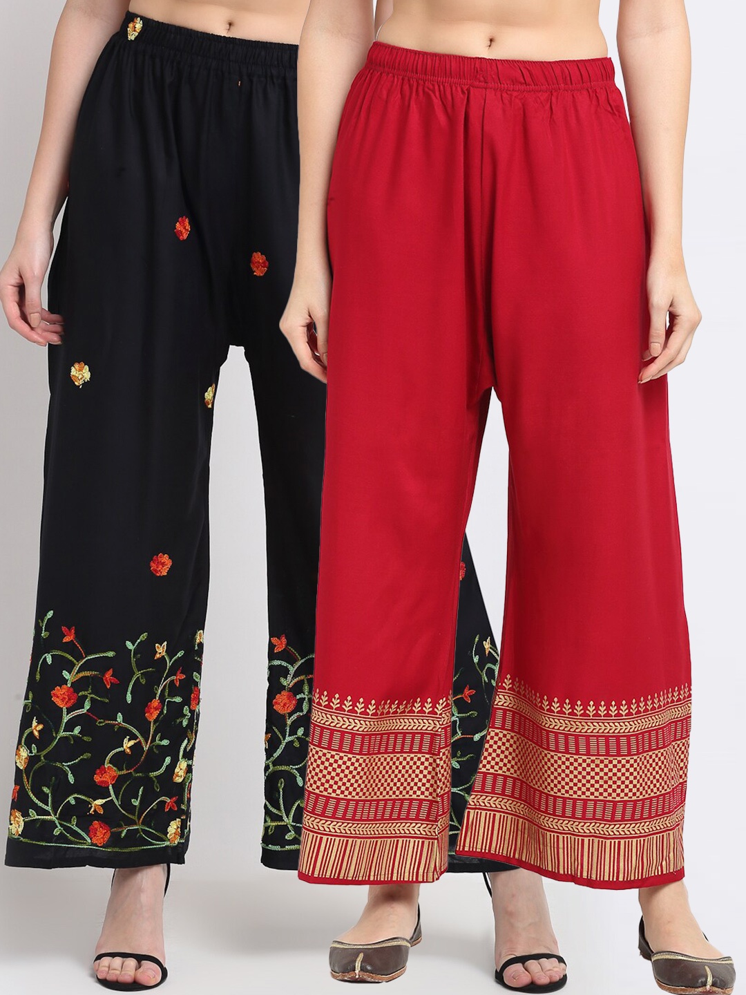 

TAG 7 Women Pack of 2 Black & Maroon Embroidered Flared Palazzos