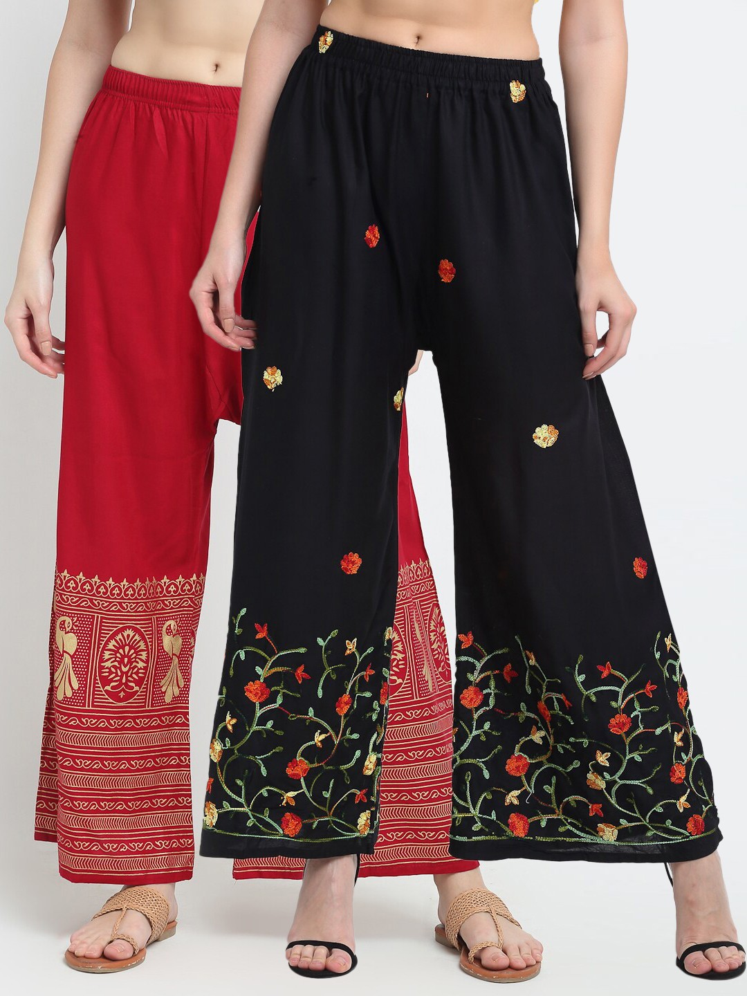 

TAG 7 Women Pack Of 2 Floral Embroidered Flared Ethnic Palazzos, Black
