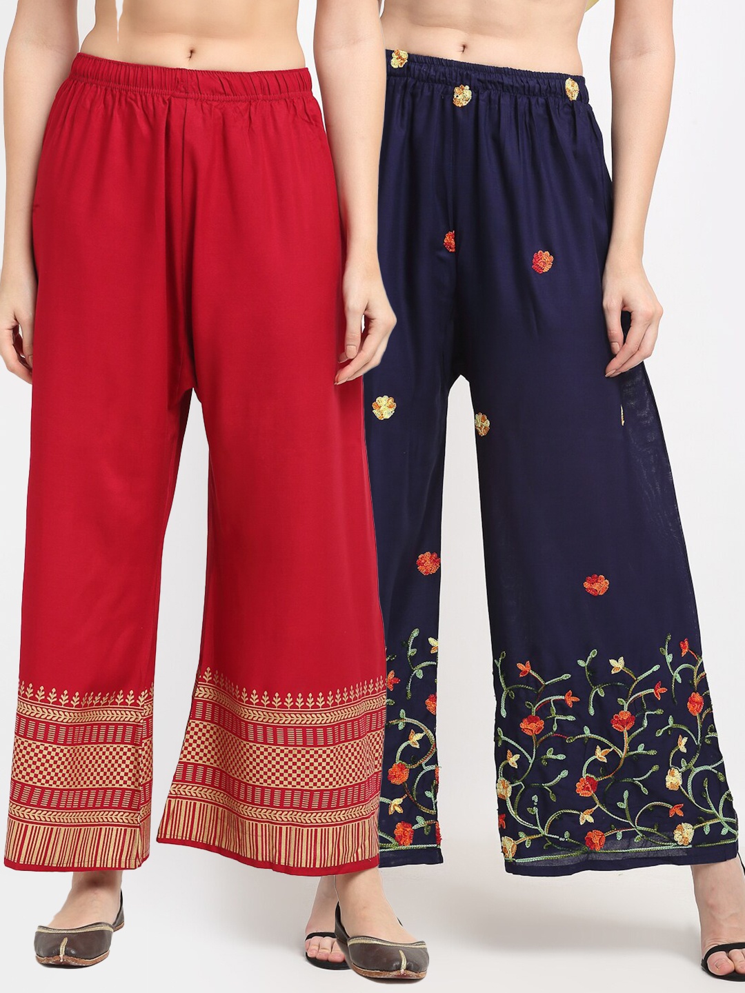 

TAG 7 Pack of 2 Women Navy Blue & Red Floral Embroidered Palazzos