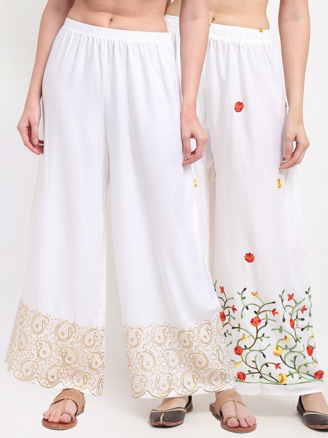 

TAG 7 Women White & Red Pack of 2 Floral Embroidered Flared Palazzos