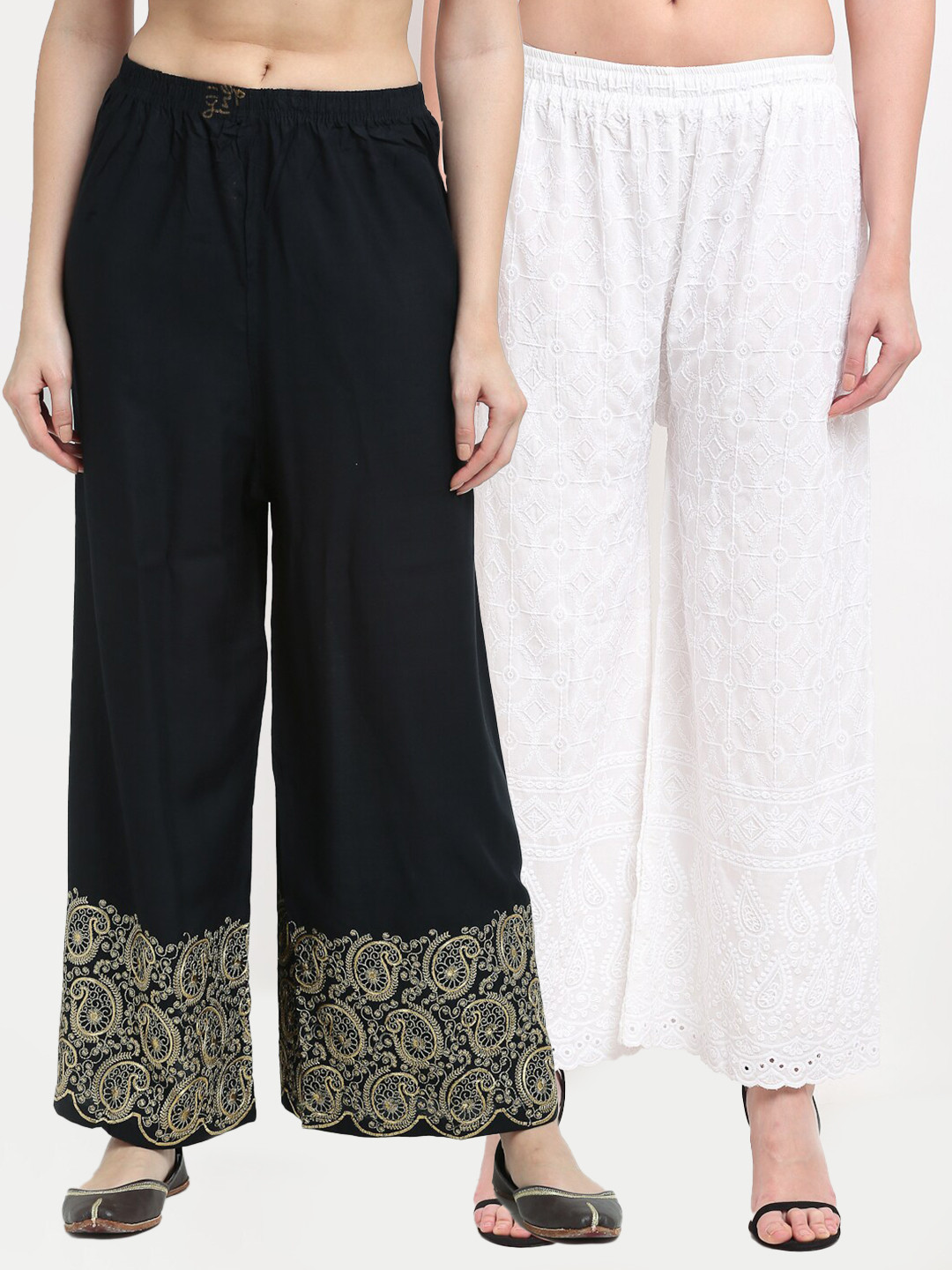 

TAG 7 Women Pack of 2 Black & White Embroidered Wide Leg Palazzos