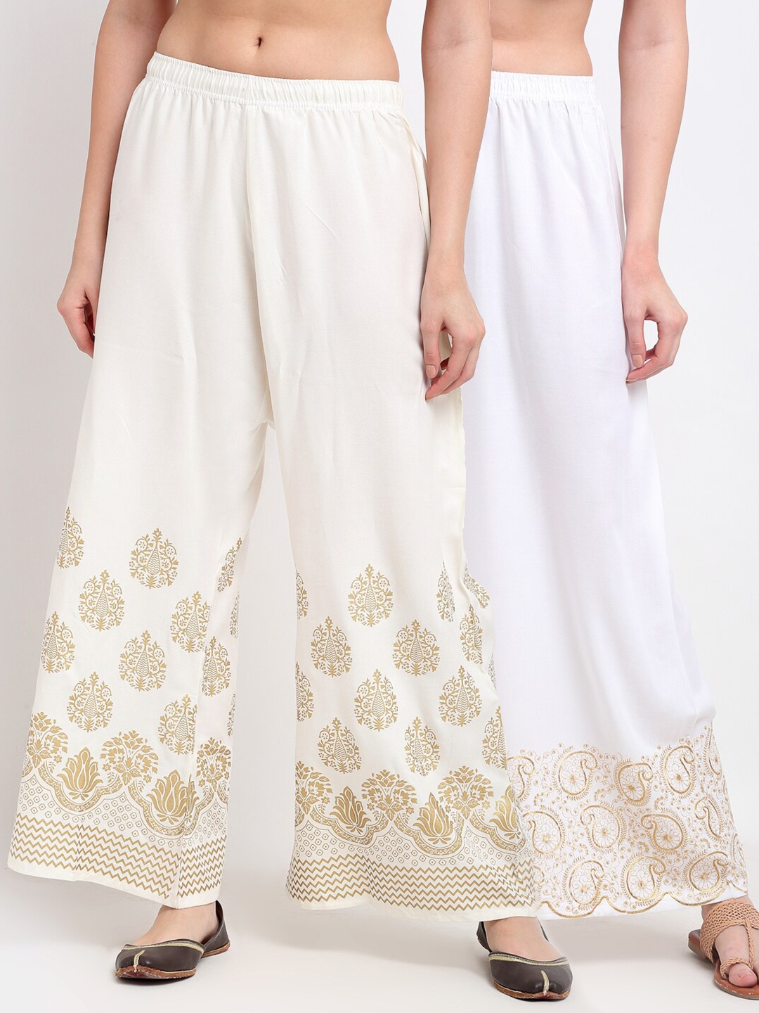 

TAG 7 Pack of 2 Women White & Gold-Toned Ethnic Motifs Printed Palazzos