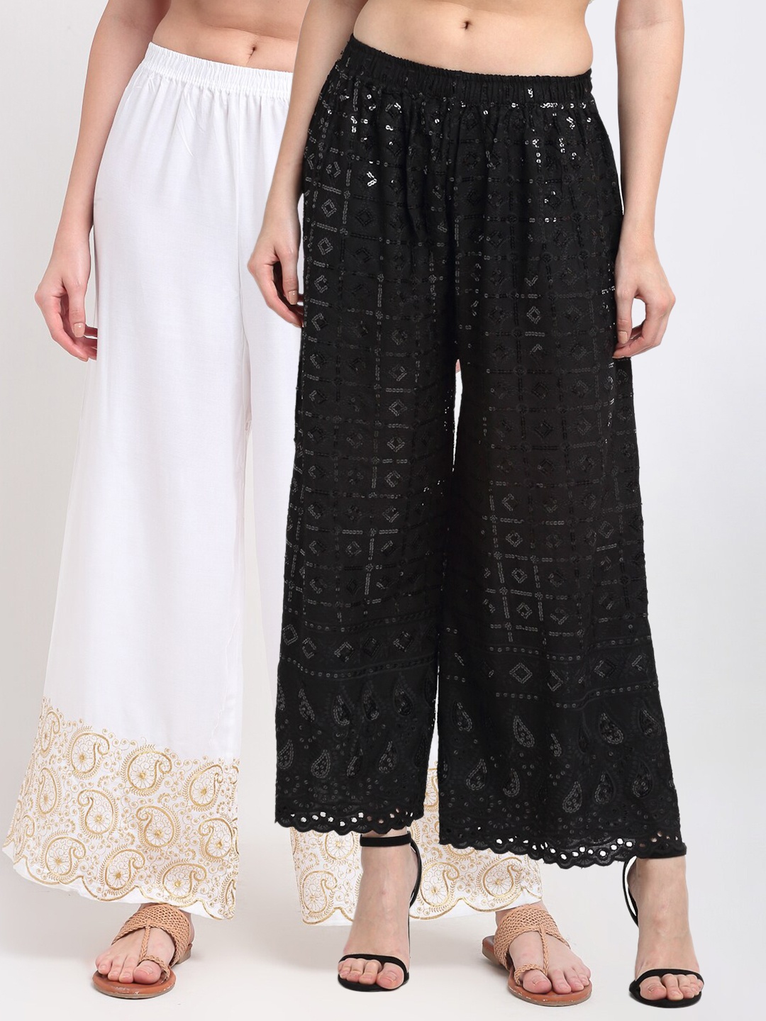 

TAG 7 Women Pack of 2 White & Black Embellished Wide LegPalazzos
