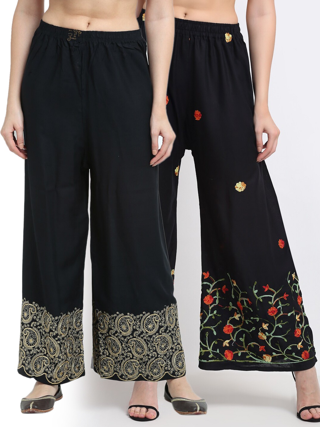 

TAG 7 Women Black & Red Pack of 2 Floral Embroidered Flared Palazzos