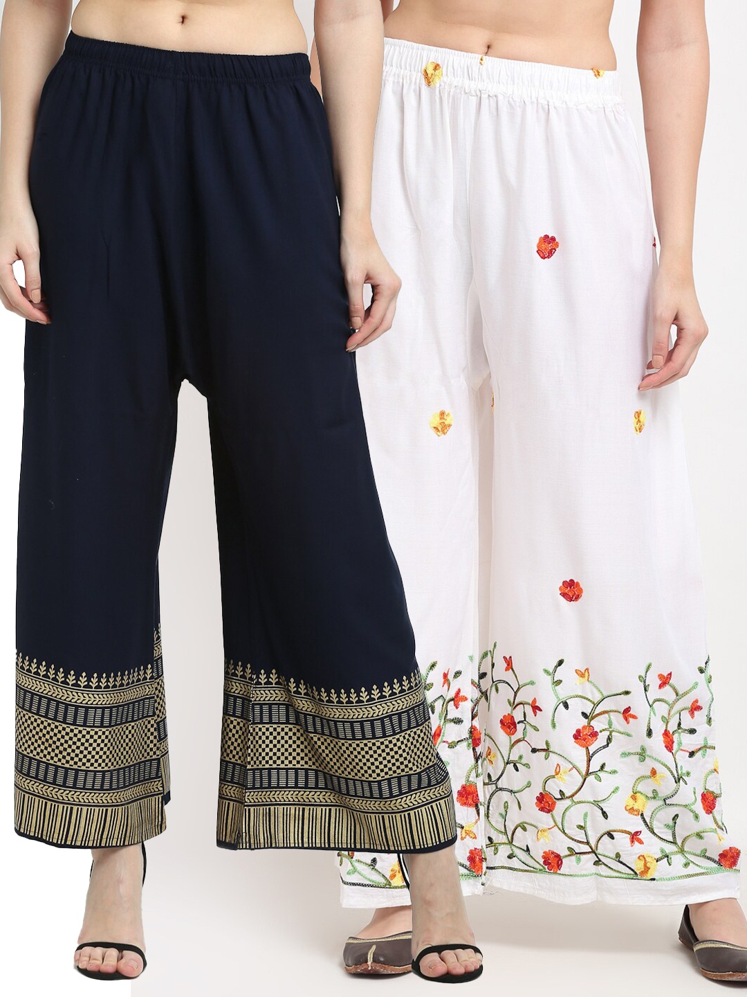 

TAG 7 Pack of 2 Women White & Red Floral Embroidered Palazzos